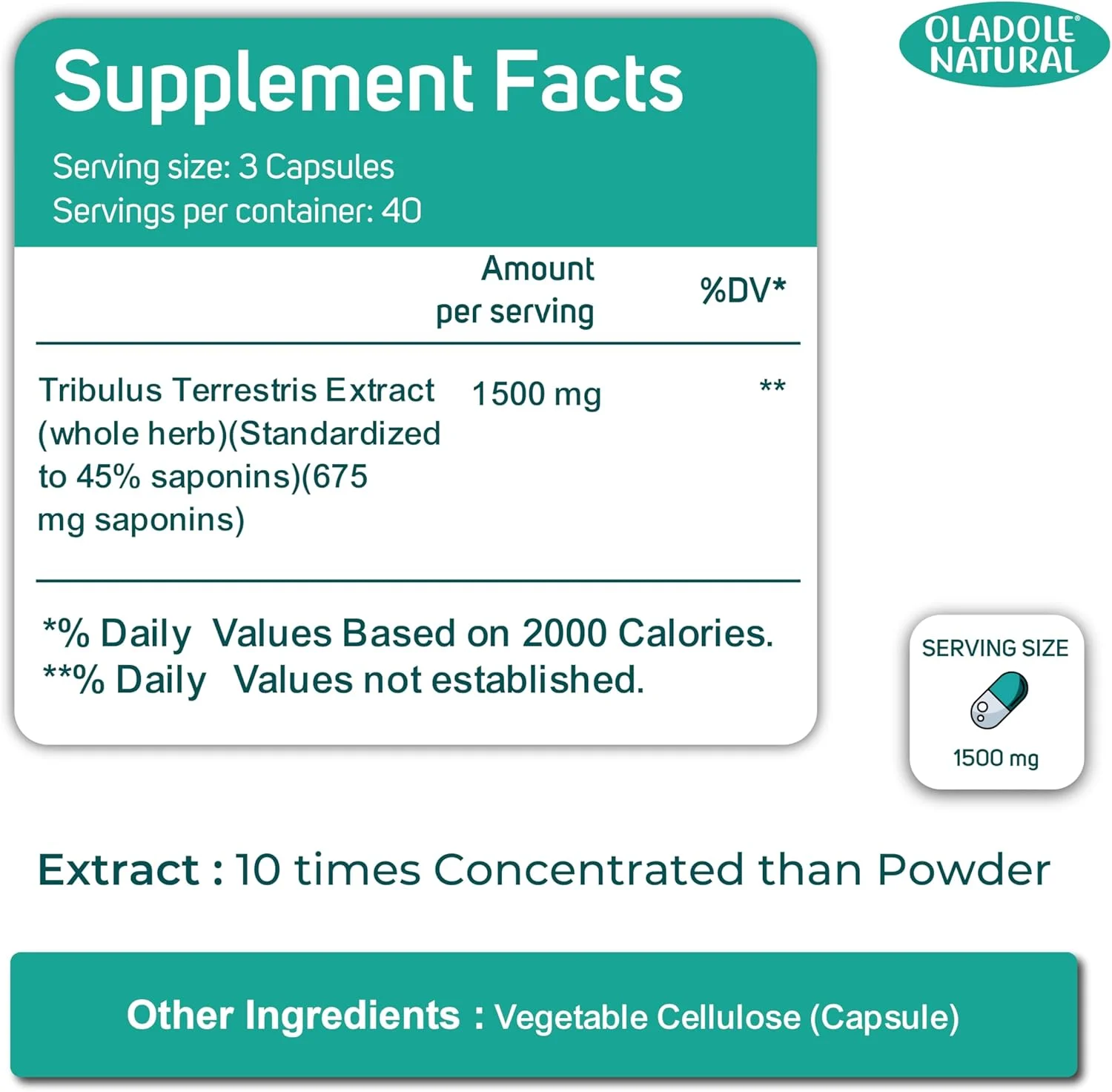 عصاره تریبولوس ترستریس طبیعی Oladole، 1500 میلی گرم - 120 کپسول | پشتیبانی از تعادل هورمونی مردان، استقامت، افزایش انرژی، سرزندگی، سلامت دستگاه ادراری | غیر GMO، بدون گلوتن