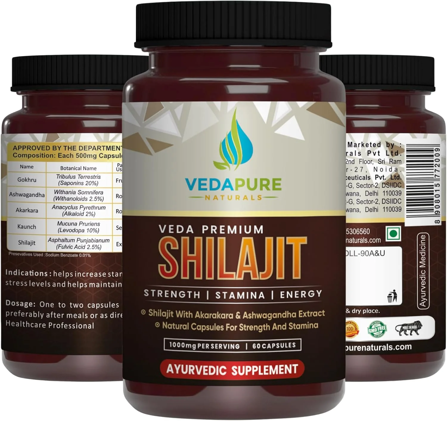 VEDAPURE شیلاجیت | کپسول های شیلاجیت طلایی ممتاز با سفد موسلی و آشواگاندا | کپسول های اصلی شیلاجیت برای مردان جهت افزایش قدرت و استقامت | 1000 میلی گرم، 60 کپسول (بسته 2 عددی)