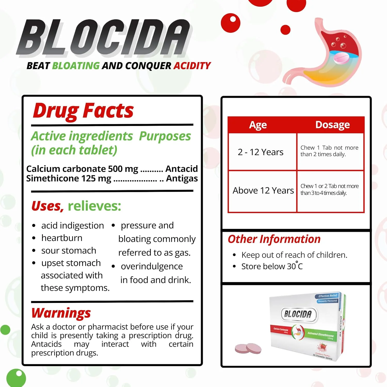 قرص های جویدنی برای تسکین ناراحتی معده، برای نفخ و سوزش سر دل، تسکین سریع گاز، 50 عدد قرص جویدنی با طعم توت فرنگی