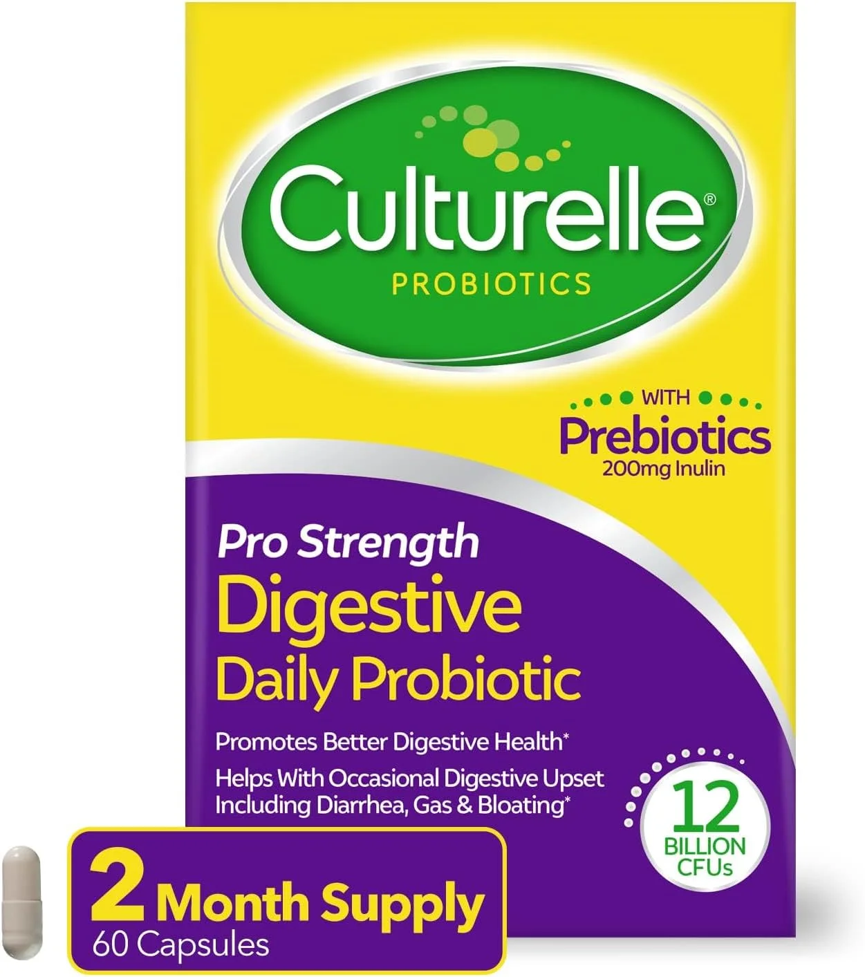 کپسول پروبیوتیک روزانه Culturelle Pro Strength، برای سلامت دستگاه گوارش، پشتیبانی از اسهال، گاز و نفخ، بدون گلوتن و سویا، 60 عدد