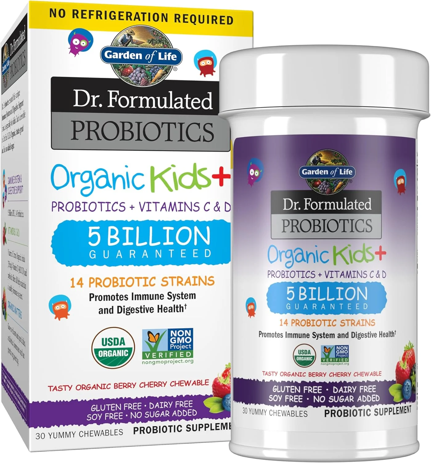 پروبیوتیک کودکان ارگانیک Garden of Life Dr. Formulated Kids+ به همراه ویتامین C و D - طعم گیلاس و توت - فاقد گلوتن، لبنیات و سویا، مکمل تقویت سیستم ایمنی و سلامت دستگاه گوارش، بدون شکر افزوده، 30 عدد قرص جویدنی (ماندگاری در دمای اتاق)