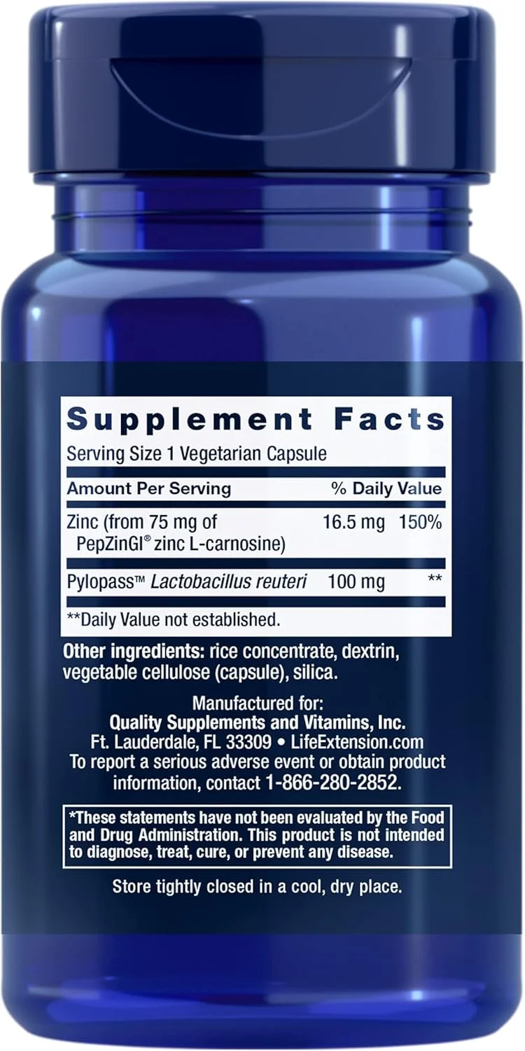 مکمل سلامت دستگاه گوارش لایف اکستنشن Gastro-Ease - مکمل سلامت معده حاوی زینک ال-کارنوزین به همراه Pylopass برای پشتیبانی از سلامت معده - غیر تراریخته، بدون گلوتن - 60 کپسول گیاهی مکمل سلامت دستگاه گوارش لایف اکستنشن Gastro-Ease - مکمل سلامت معده حاوی زینک ال-کارنوزین به همراه Pylopass برای پشتیبانی از سلامت معده - غیر تراریخته، بدون گلوتن - 60 کپسول گیاهی