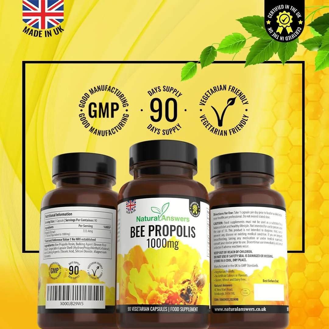 ۹۰ کپسول پروپولیس زنبور عسل خالص ۱۰۰۰ میلی گرم در هر کپسول، ۱۰۰٪ مناسب برای گیاهخواران ساخت انگلستان
