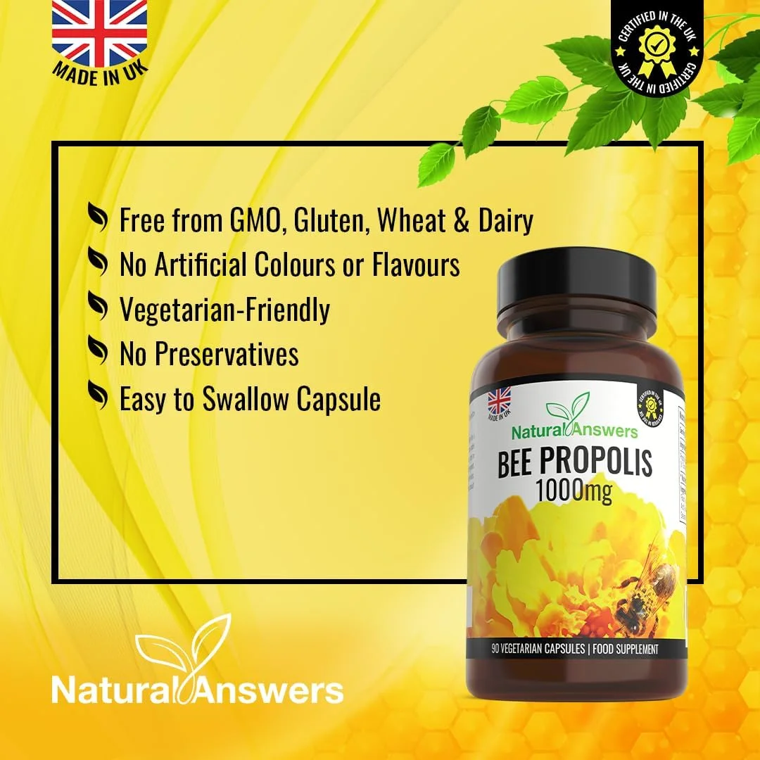 ۹۰ کپسول پروپولیس زنبور عسل خالص ۱۰۰۰ میلی گرم در هر کپسول، ۱۰۰٪ مناسب برای گیاهخواران ساخت انگلستان