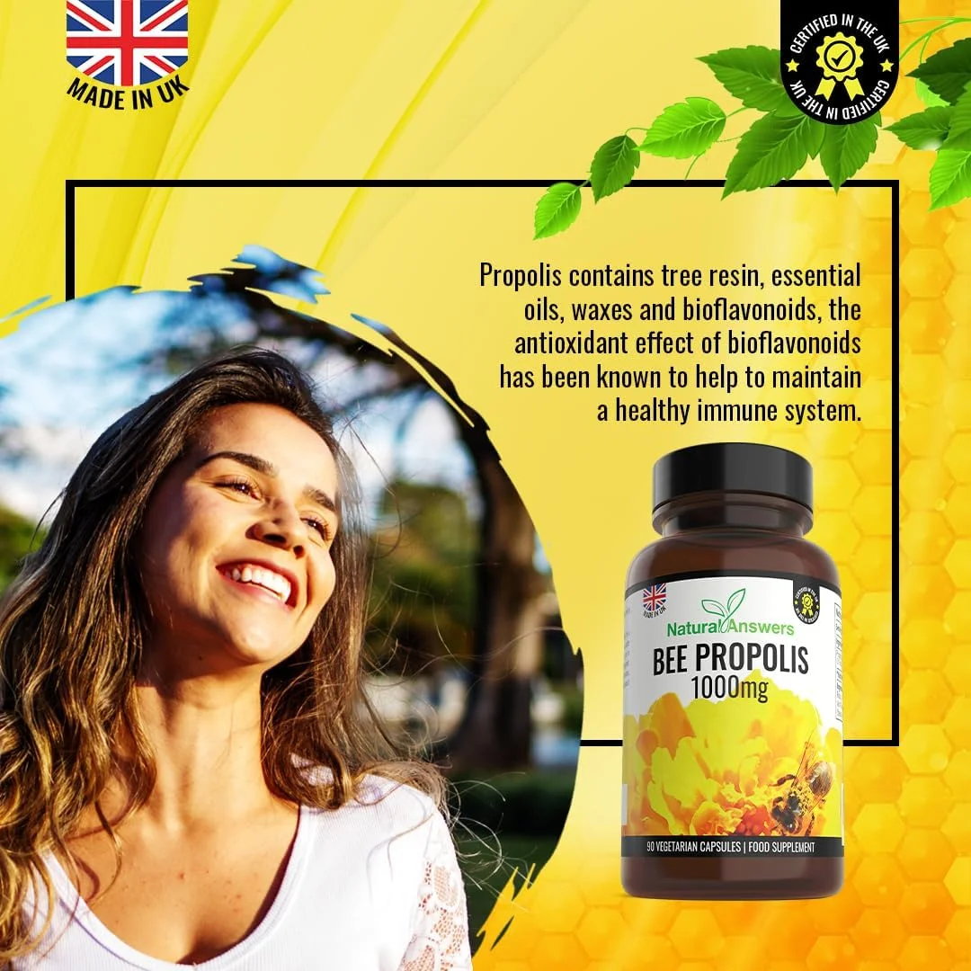 ۹۰ کپسول پروپولیس زنبور عسل خالص ۱۰۰۰ میلی گرم در هر کپسول، ۱۰۰٪ مناسب برای گیاهخواران ساخت انگلستان