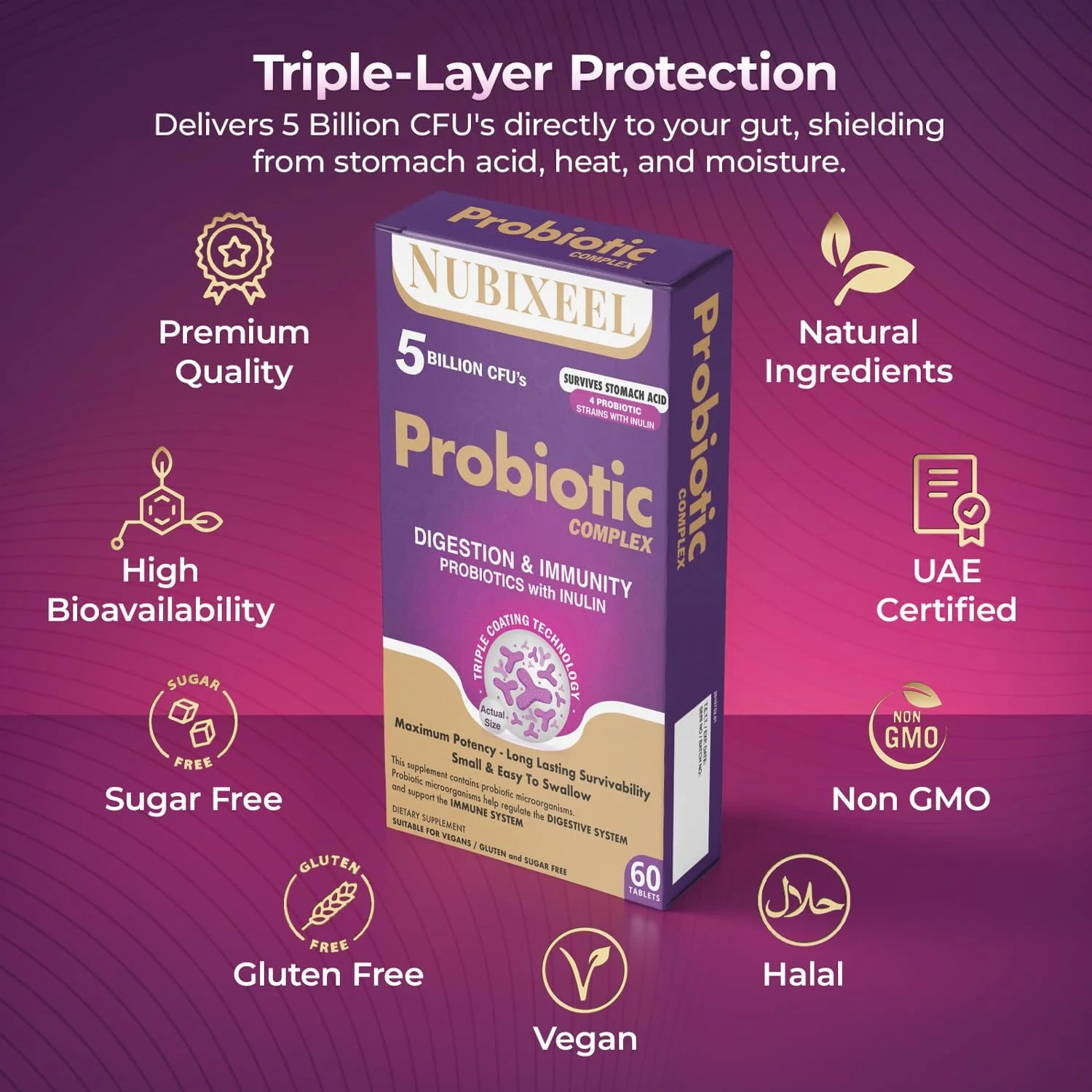 قرص های پروبیوتیک ممتاز - 5 میلیارد CFU با پری بیوتیک ها و لاکتوباسیلوس | پشتیبانی از سلامت دستگاه گوارش، ایمنی و پوست | برای زنان و مردان | فاقد گلوتن | فاقد شکر | دارای گواهی حلال | سلامت روده