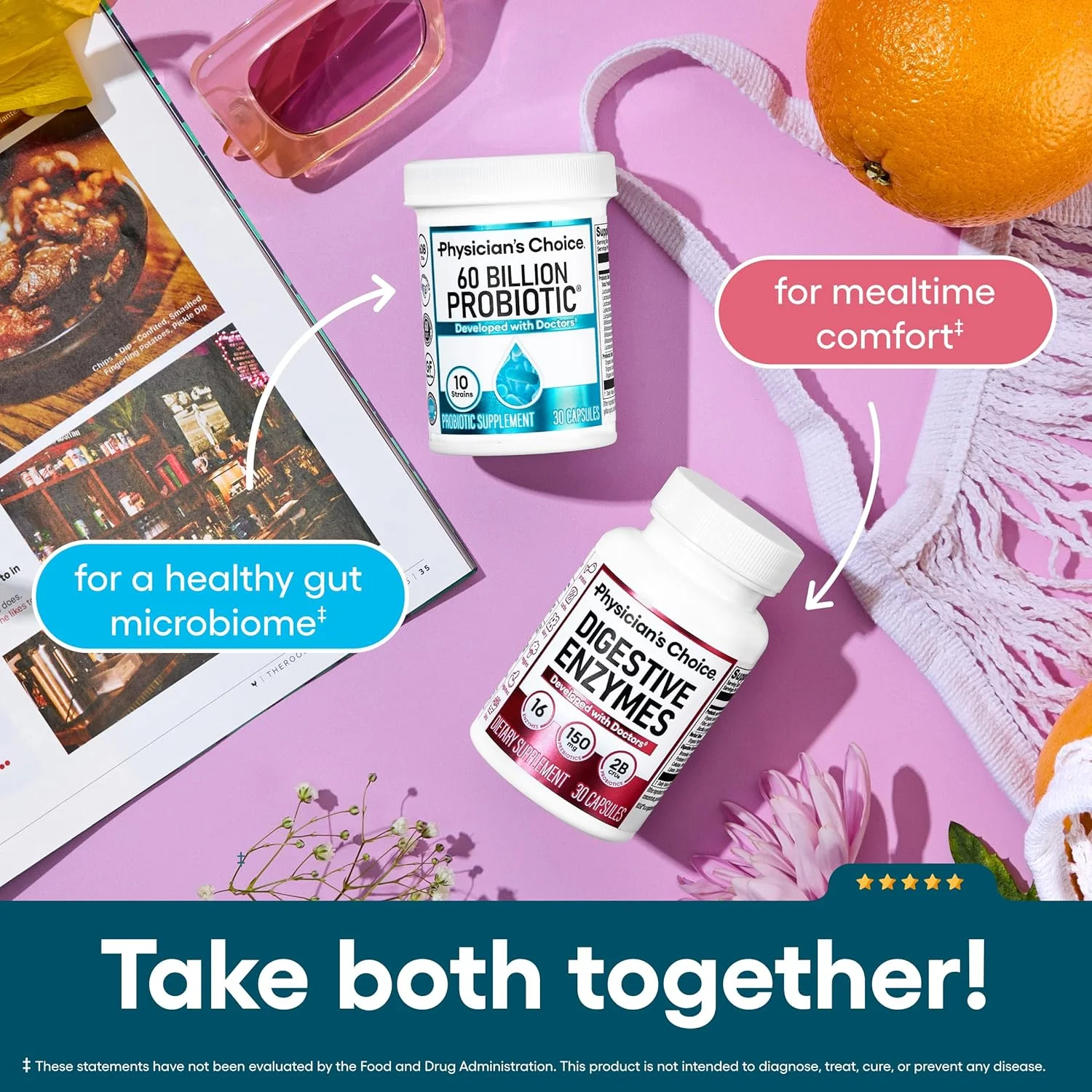 پروبیوتیک 60 میلیارد CFU Physician's CHOICE - 10 سویه + پری‌بیوتیک‌های ارگانیک - سلامت سیستم ایمنی، گوارش و روده - پشتیبانی از یبوست، اسهال، نفخ و باد شکم - برای زنان و مردان - 60 عدد