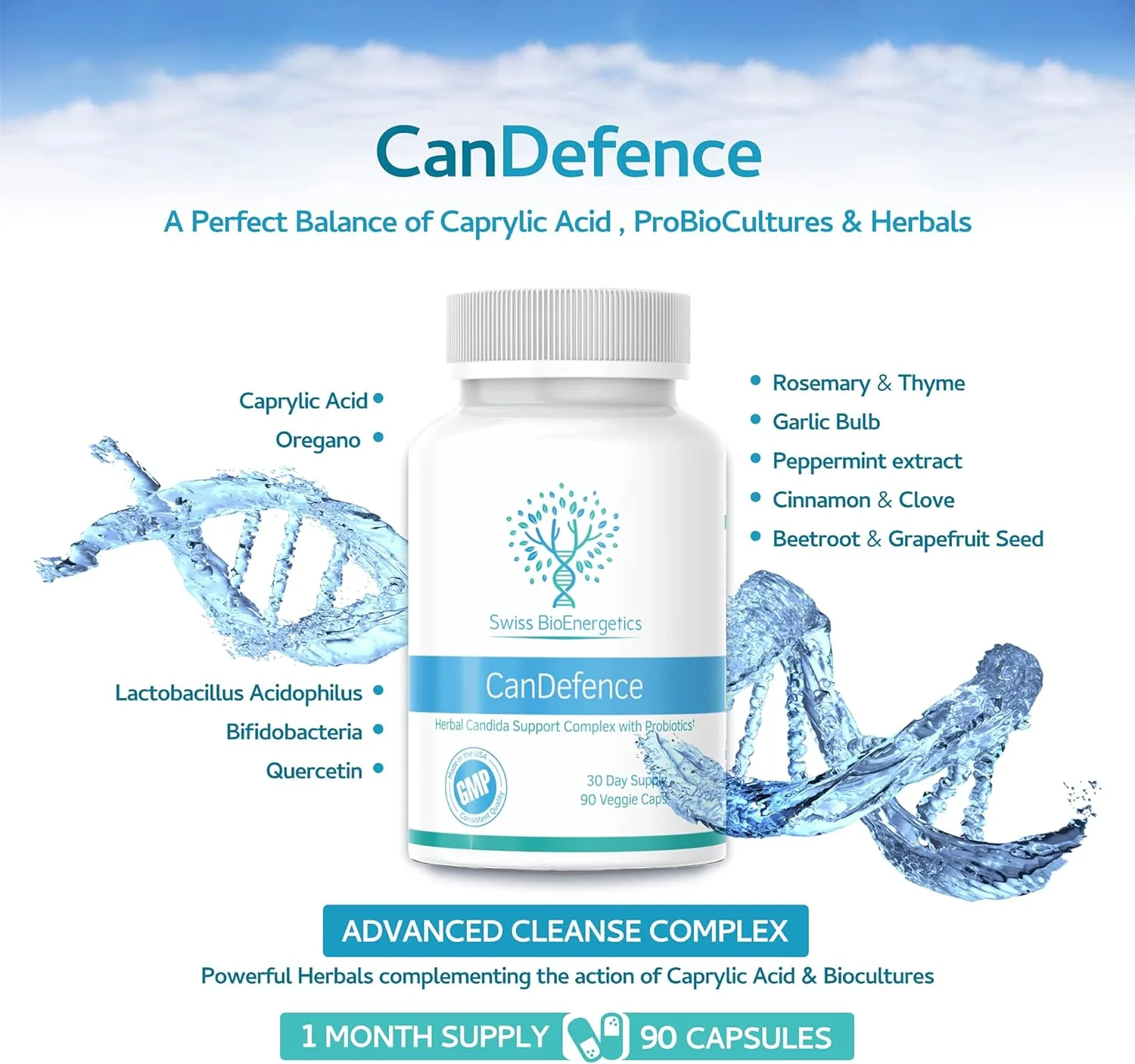 سوییس بایوانرژتیکس CanDefence - فرمولاسیون کامل و قوی پاک کننده با اسید کاپریلیک، پروبیوتیک ها و تعادل هم افزایی 11 گیاه مختلف - 90 کپسول