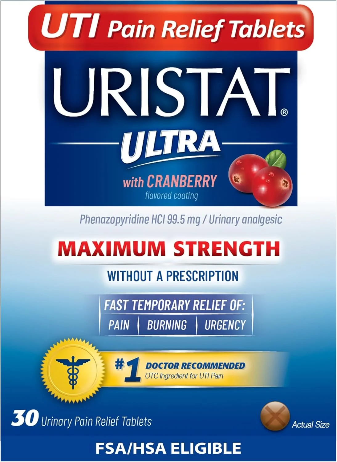 قرص های تسکین درد عفونت ادراری Uristat Ultra، تسکین سریع درد ادراری ناشی از عفونت مجاری ادراری، قدرت حداکثر، با روکش طعم دار کرن بری، 30 عدد