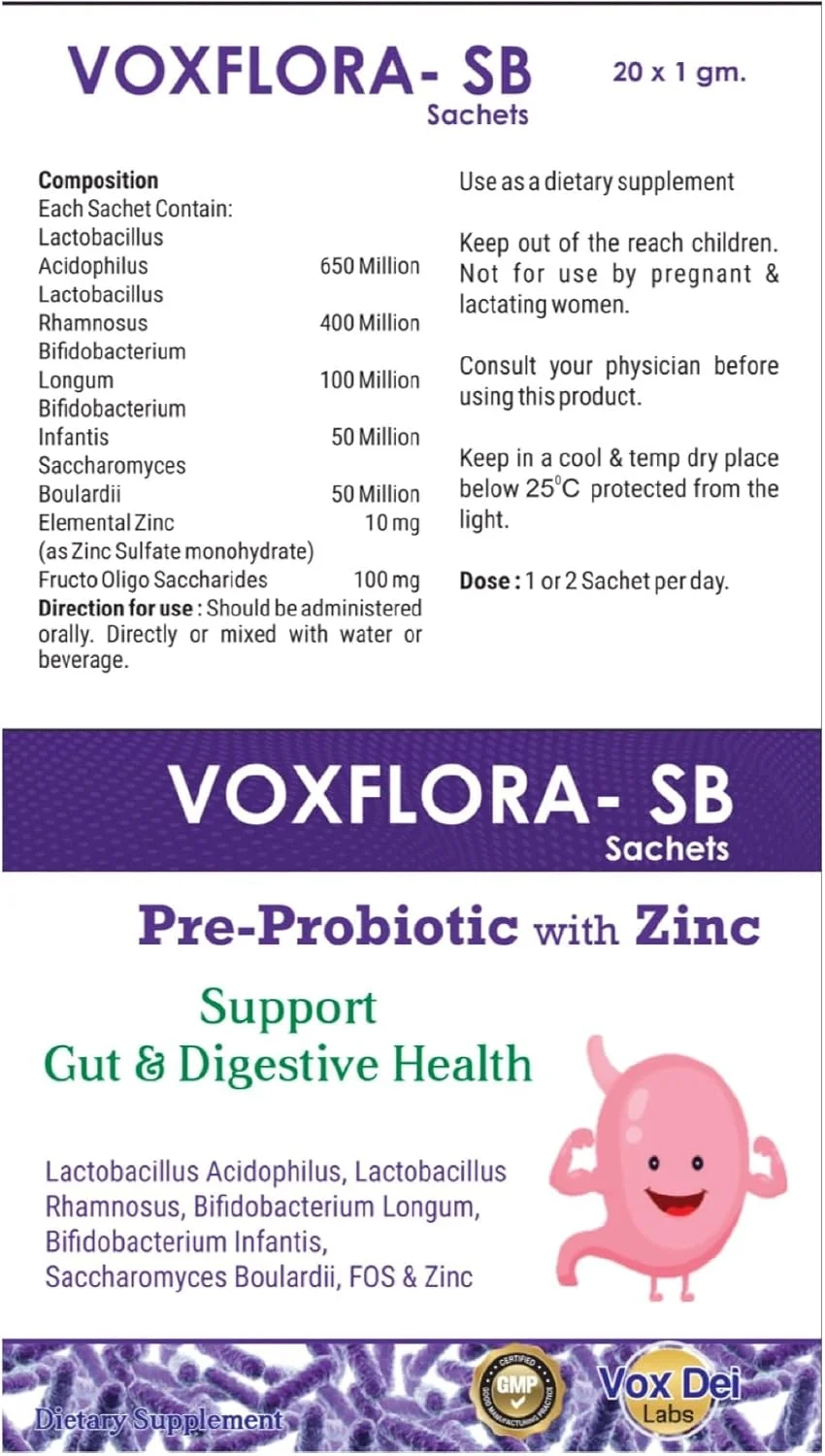 ساشه های VOXFLORA-SB - پری-پروبیوتیک به همراه زینک برای سلامت روده و دستگاه گوارش - لاکتوباسیلوس، بیفیدوباکتریوم، ساکارومایسس بولاردی، FOS - 20 ساشه