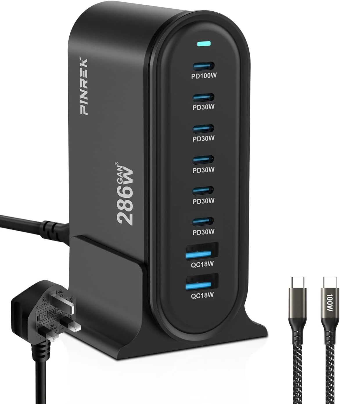 هاب شارژر USB C مدل PINREK 286W - ایستگاه شارژ سریع GaN هشت پورت با PD3.0 تایپ C 100W، کابل USB-C 100W، آداپتور چند راهی برق برای مک بوک پرو، آیفون، گلکسی، لپ تاپ ها