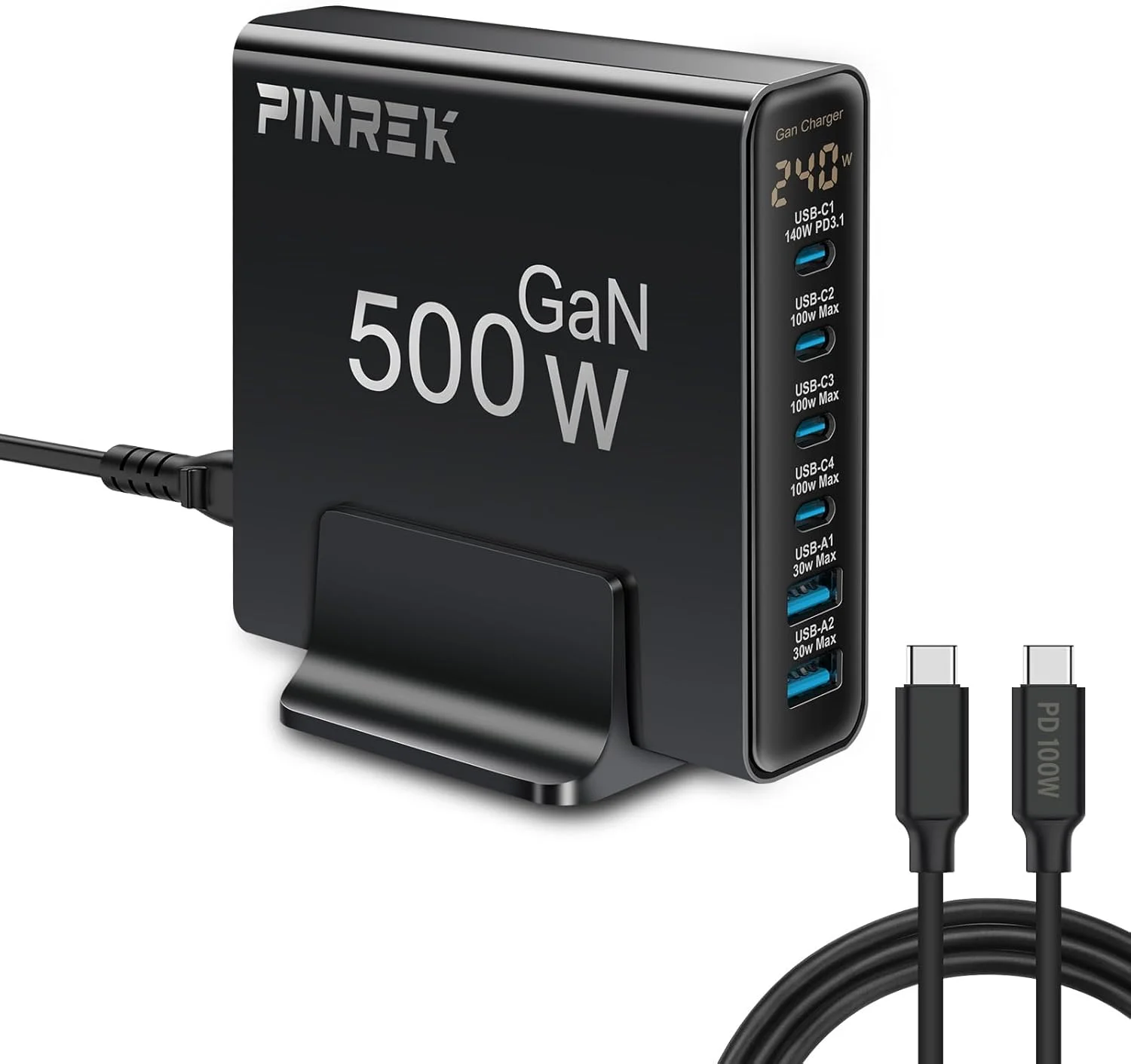 ایستگاه شارژ سریع 500 واتی PINREK با 6 پورت USB C PD 140W با نمایشگر نیرو، شارژر رومیزی چند پورت Type C با تخصیص نیرو برای آیفون، گلکسی، لپ تاپ، دوشاخه دیواری GaN III برای مسافرت، دفتر کار خانوادگی