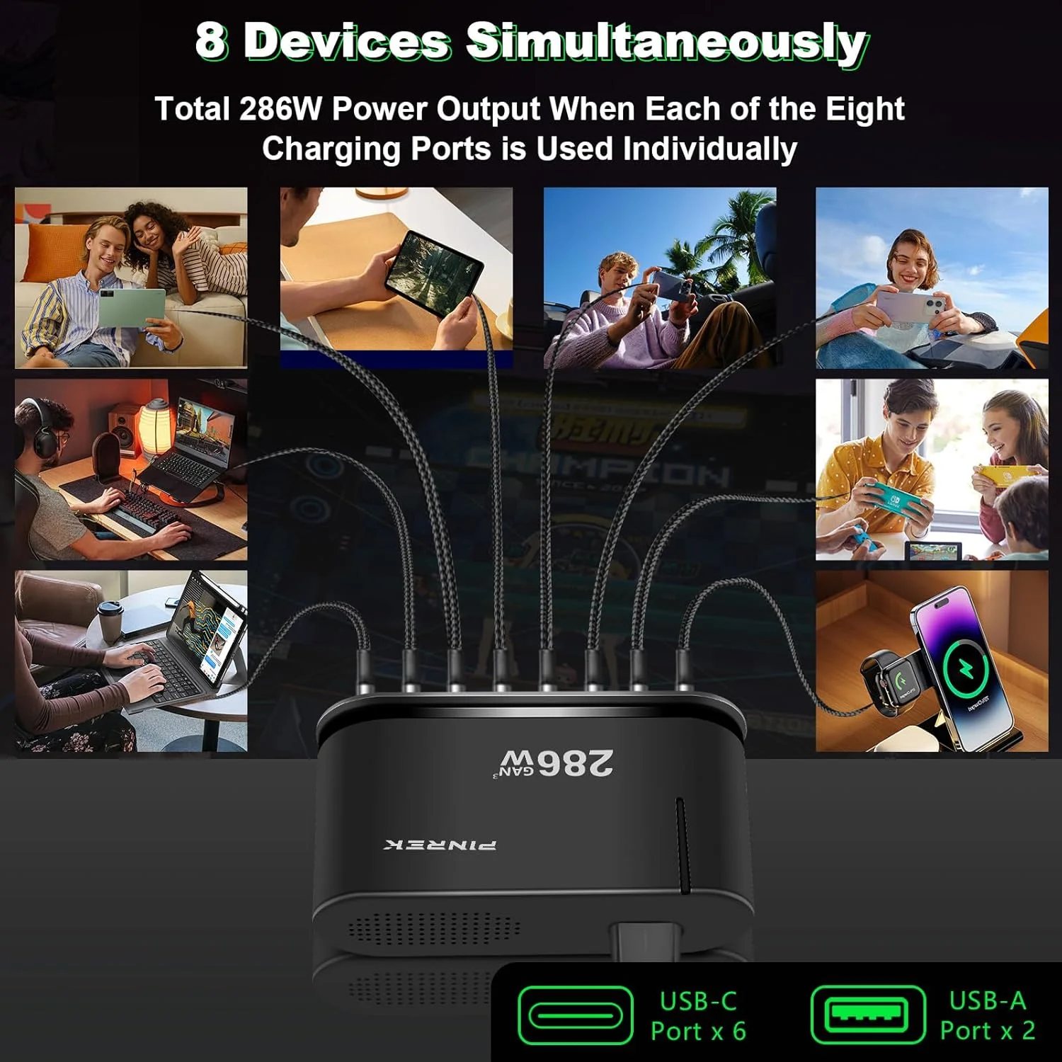 هاب شارژر USB C مدل PINREK 286W - ایستگاه شارژ سریع GaN هشت پورت با PD3.0 تایپ C 100W، کابل USB-C 100W، آداپتور چند راهی برق برای مک بوک پرو، آیفون، گلکسی، لپ تاپ ها هاب شارژر USB C مدل PINREK 286W - ایستگاه شارژ سریع GaN هشت پورت با PD3.0 تایپ C 100W، کابل USB-C 100W، آداپتور چند راهی برق برای مک بوک پرو، آیفون، گلکسی، لپ تاپ ها