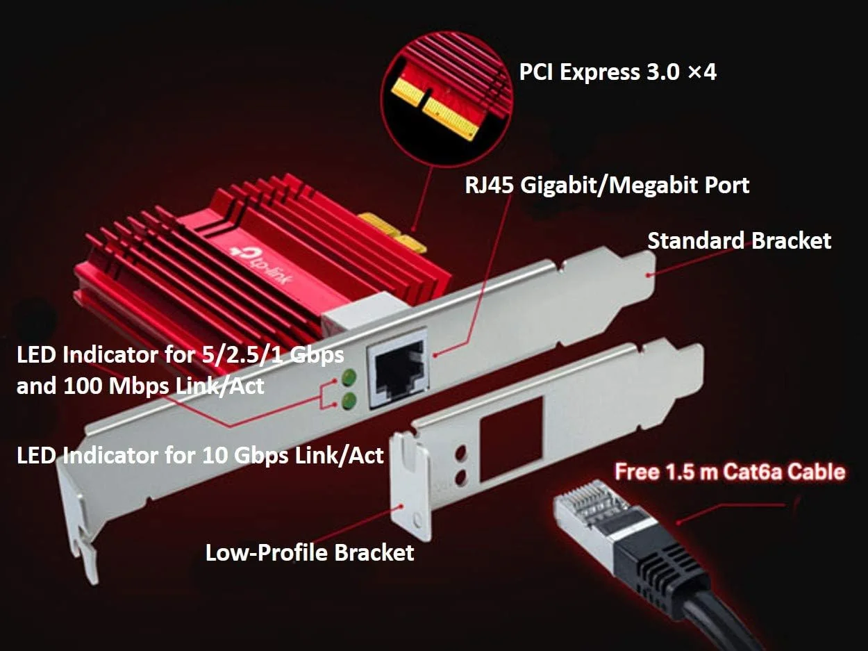 آداپتور شبکه 10 گیگابیتی PCI Express تی پی-لینک، کابل اترنت CAT6A، براکت های کم ارتفاع و تمام ارتفاع، پشتیبانی از ویندوز 11/10/8.1/8/7، سرورهای ویندوز 2019/2016/2012 R2، لینوکس (TX401)