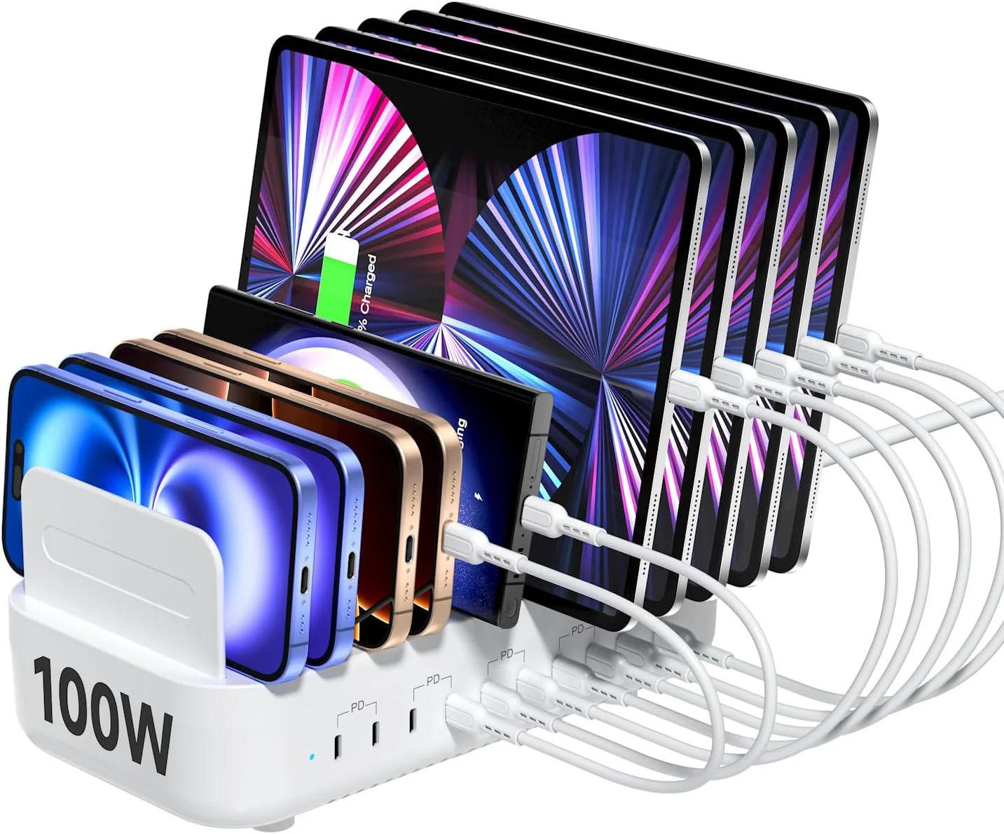 ایستگاه شارژ چندگانه USB C SooPii، ایستگاه شارژ سریع 10 پورت Type C 100 واتی برای دستگاه های متعدد با جداکننده های قابل تنظیم، سازمان دهنده شارژر سازگار با تلفن، تبلت، کیندل و غیره (سفید)