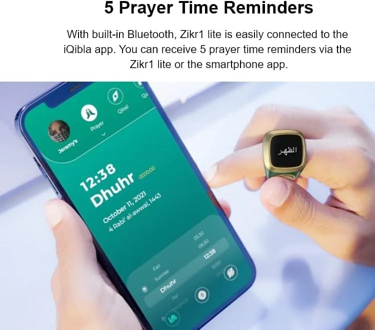 حلقه تسبیح هوشمند iQibla Zikr1 lite برای مسلمانان، شمارنده تسبیح دیجیتال، یادآور 5 زمان نماز، بلوتوث ضد آب 20 میلی متر