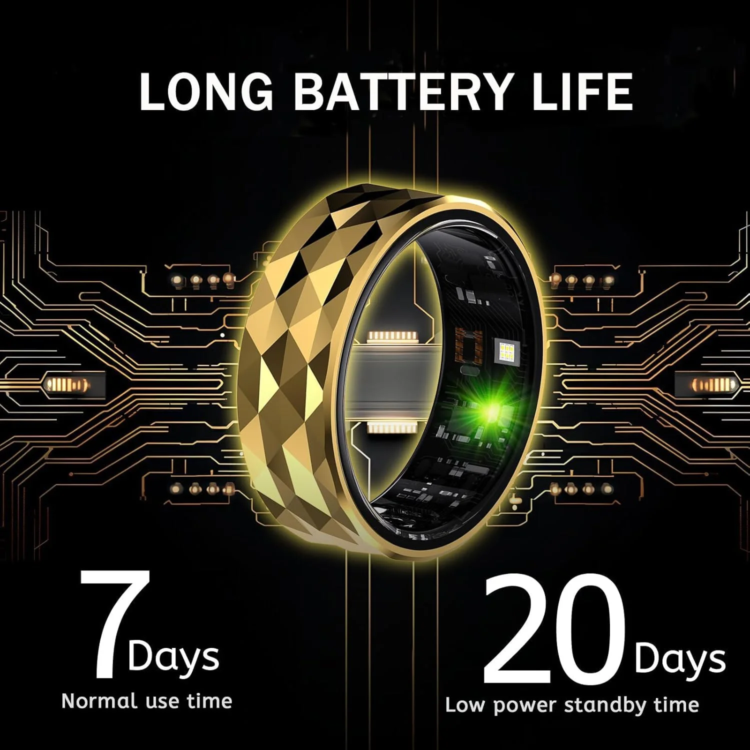 حلقه هوشمند KASTWAVE، حلقه ردیاب فعالیت ضد آب IP68 به قطر 19.8 میلی متر، حلقه هوشمند ردیابی تناسب اندام با کالری شمار، ضربان قلب، گام شمار، مانیتور اکسیژن خون، سازگار با اندروید و iOS، طلایی