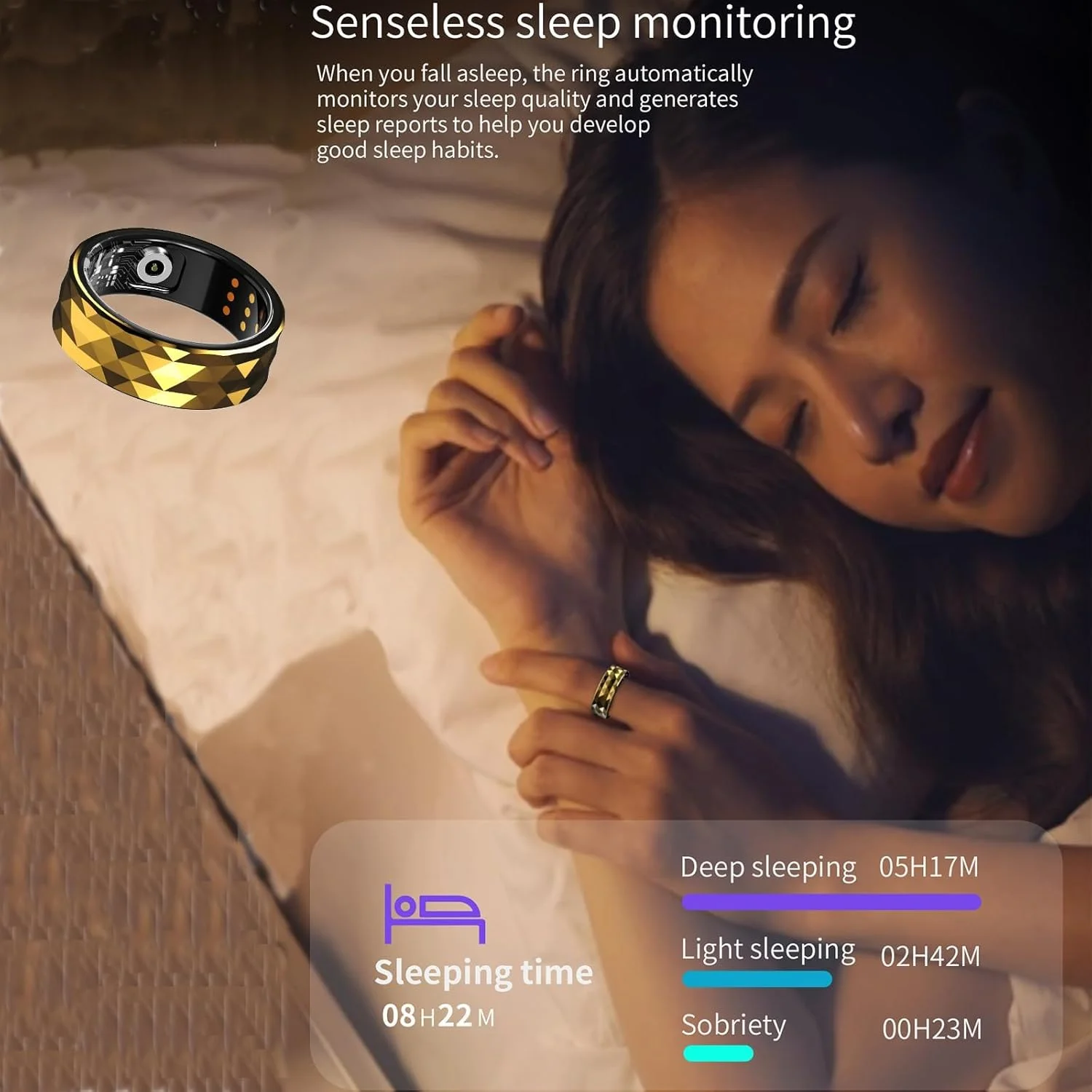 حلقه هوشمند KASTWAVE، حلقه ردیاب فعالیت ضد آب IP68 به قطر 19.8 میلی متر، حلقه هوشمند ردیابی تناسب اندام با کالری شمار، ضربان قلب، گام شمار، مانیتور اکسیژن خون، سازگار با اندروید و iOS، طلایی