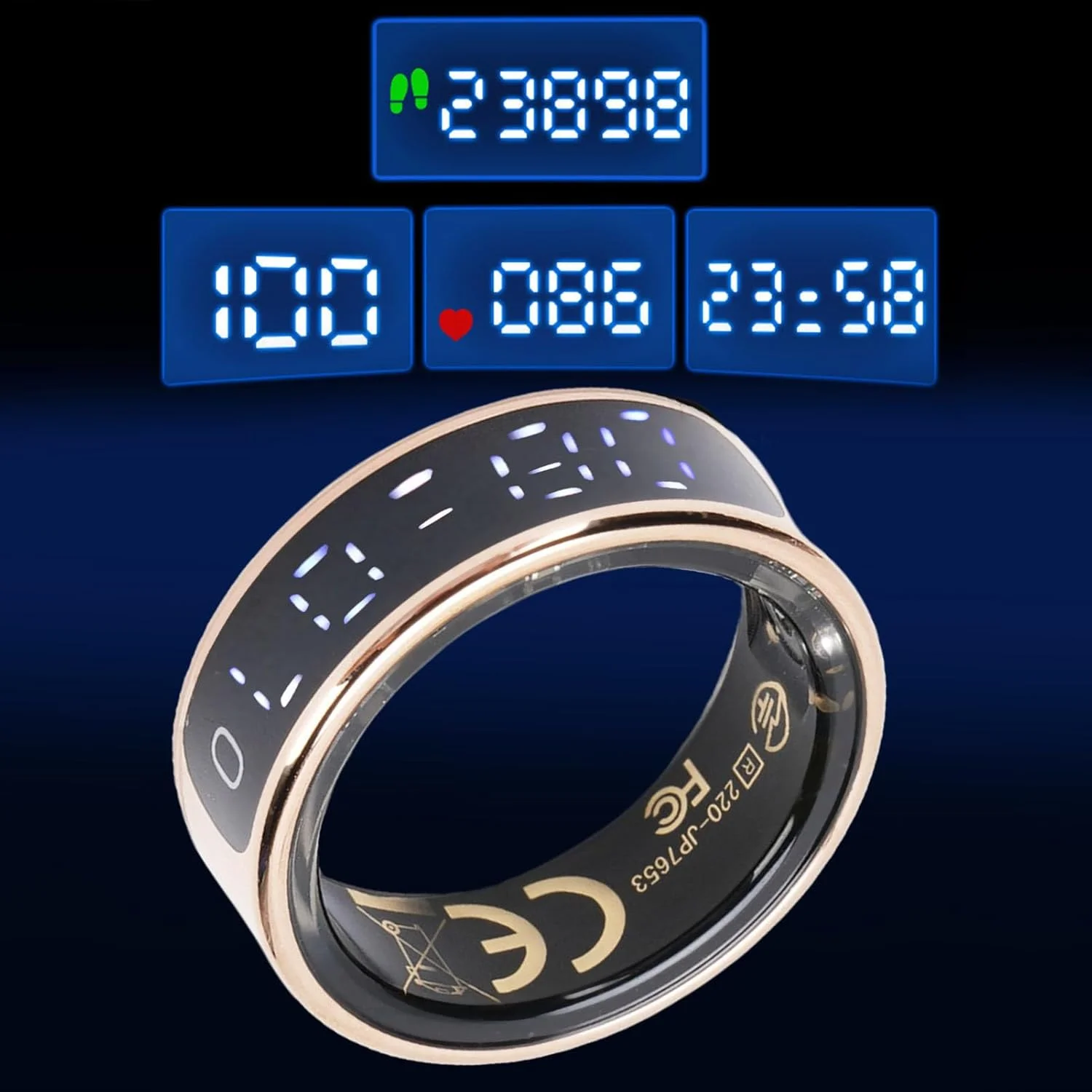 حلقه هوشمند سلامتی Annadue با نمایشگر، ردیاب سلامتی حلقه هوشمند با اتصال بلوتوث و کنترل اشاره (9 ID: 19mm / 0.75in، محیط: 59-61mm)