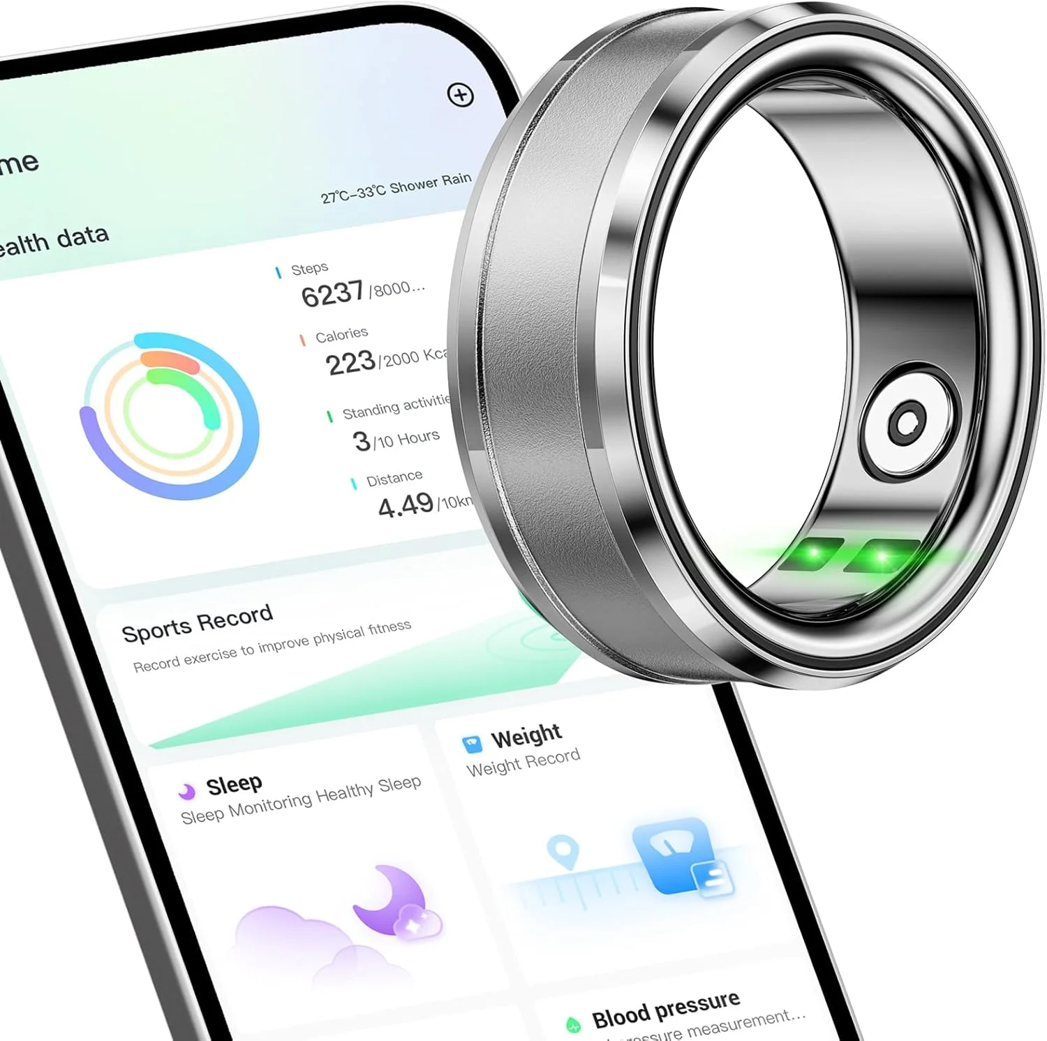 انگشتر هوشمند مناسب آقایان و بانوان - ردیاب سلامتی و تناسب اندام با بلوتوث ضدآب IP68 و پایش خواب، مناسب مهمانی، کار، سفر نقره ای سایز 11