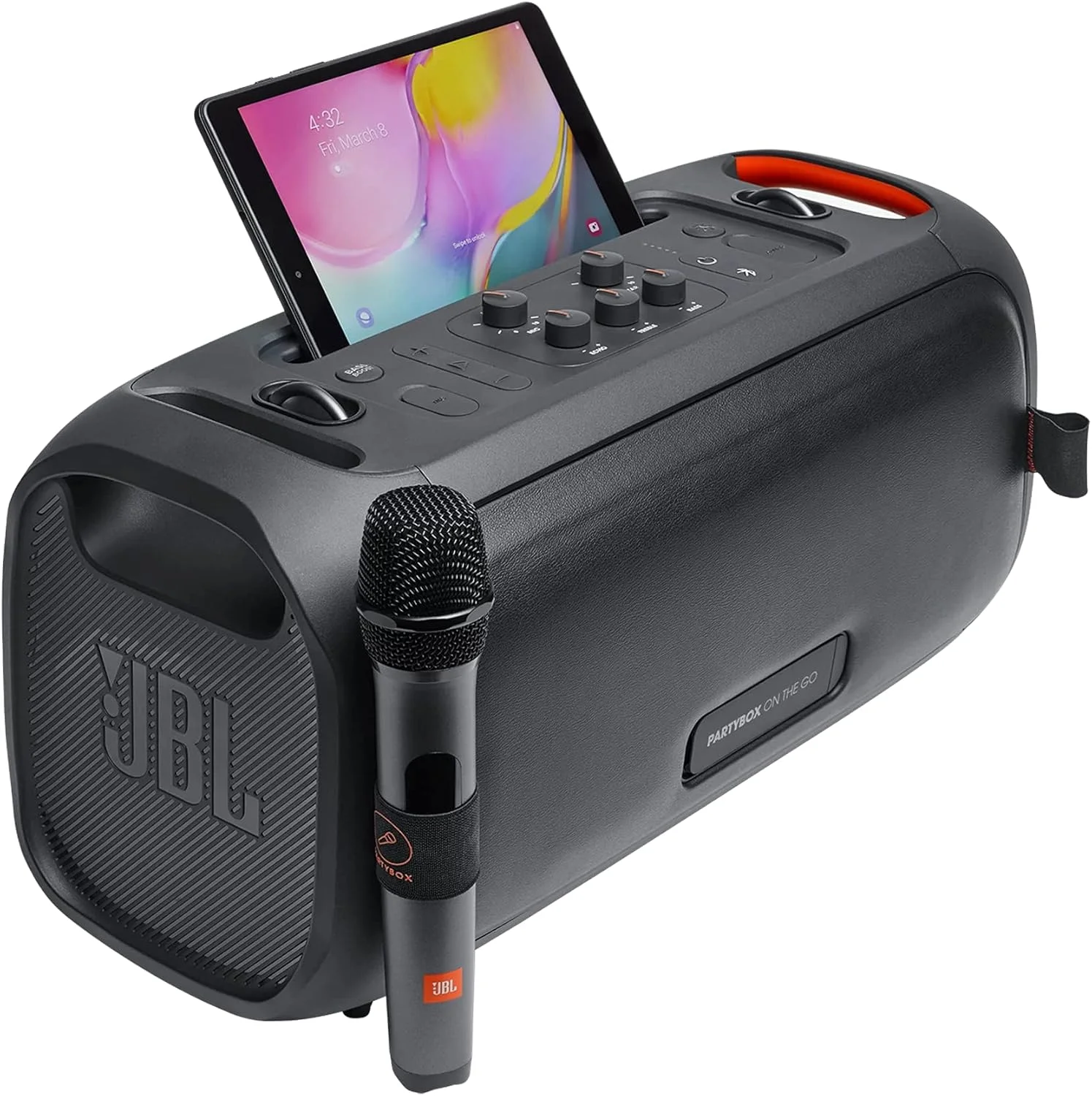 اسپیکر مهمانی قابل حمل JBL Partybox On-The-GO با نورهای داخلی و میکروفون بی سیم، 100 وات صدای قدرتمند JBL Pro، بیس قوی، ضد آب IPX4، پخش بلوتوث - مشکی، JBLPARTYBOXOTGUK