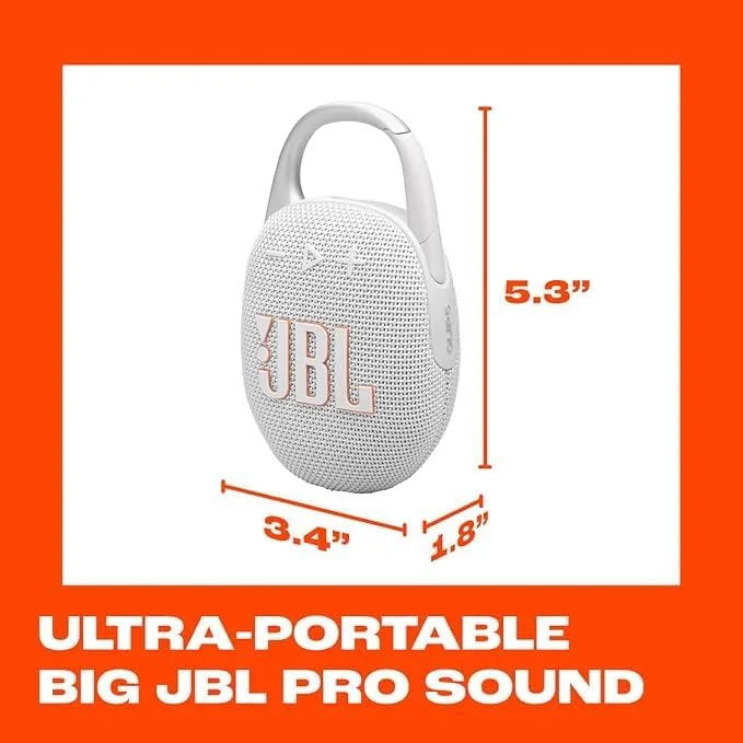 اسپیکر بلوتوثی فوق قابل حمل JBL Clip 5 - ضد آب و ضد گرد و غبار، صدای حرفه ای بزرگ با بیس قوی، دارای کارابین یکپارچه، تا 12 ساعت پخش، ساخته شده با مواد بازیافتی (سفید)