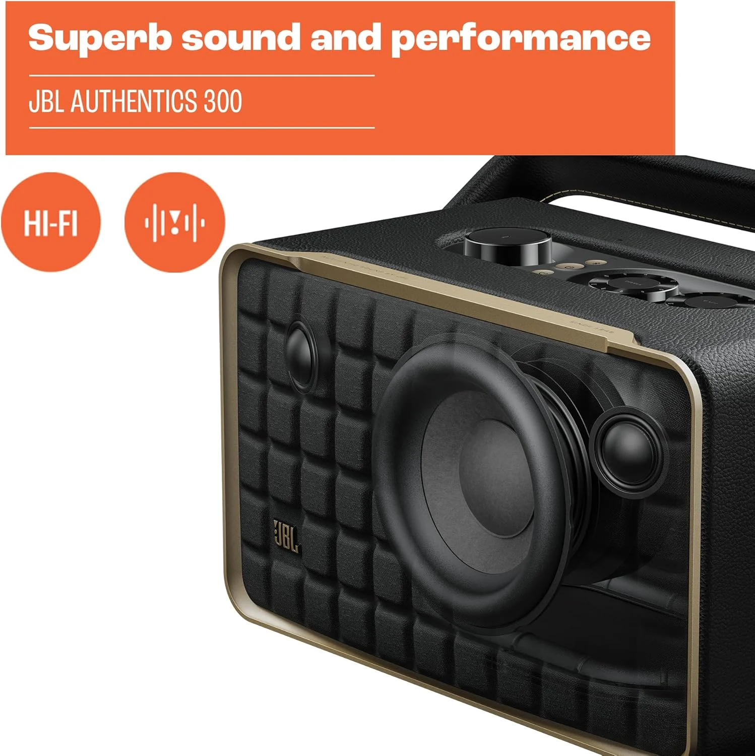 اسپیکر خانگی بی سیم بلوتوث/وای فای JBL Authentics 300 با طراحی رترو، باتری داخلی (4800mAh)، پخش سرویس های موسیقی از طریق وای فای داخلی، الکسا و دستیار گوگل داخلی (سفید/طلایی)