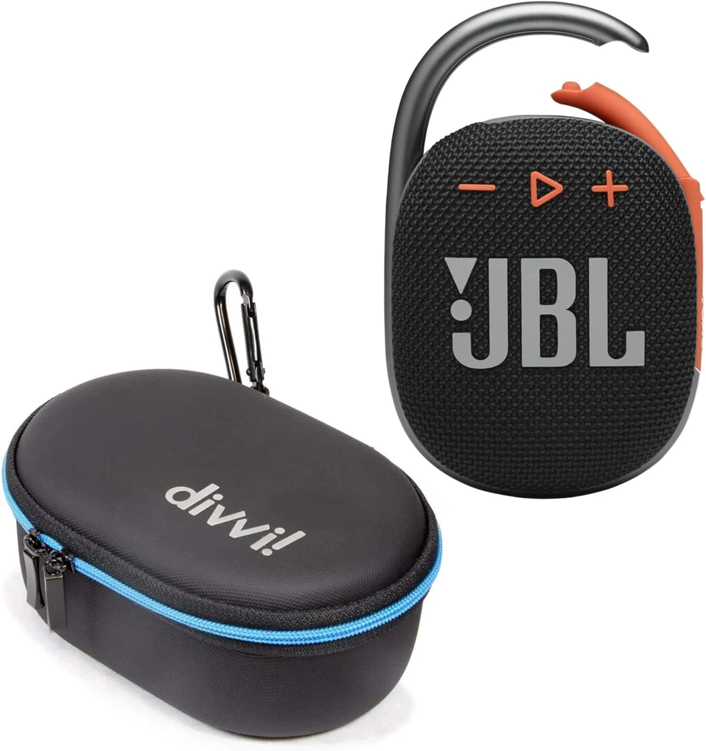 اسپیکر بلوتوثی قابل حمل JBL Clip 4 (مشکی/نارنجی) + کیف محافظ هارد شل divvi! اسپیکر بلوتوثی قابل حمل JBL Clip 4 (مشکی/نارنجی) + کیف محافظ هارد شل divvi!