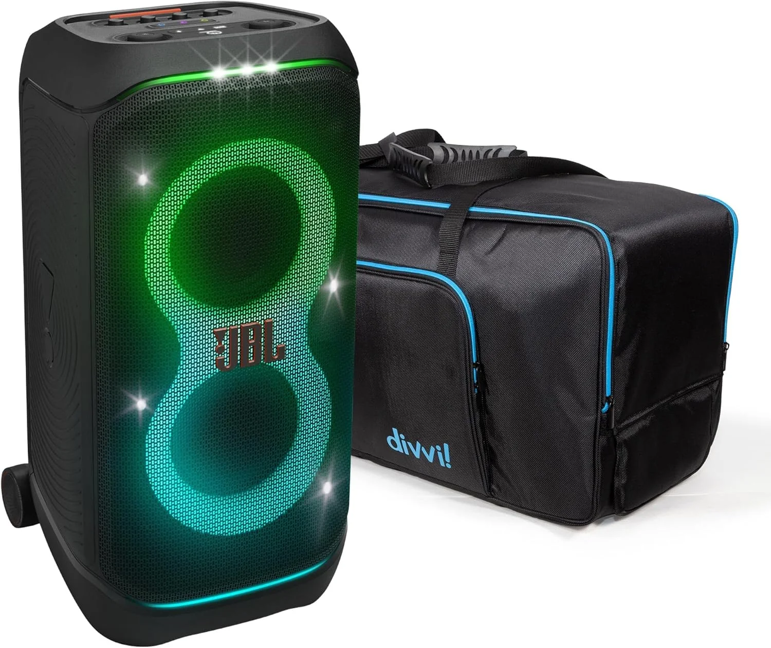 باندل اسپیکر بلوتوثی قابل حمل JBL PartyBox Stage 320 به همراه کیف محافظ حمل divvi! باندل اسپیکر بلوتوثی قابل حمل JBL PartyBox Stage 320 به همراه کیف محافظ حمل divvi!