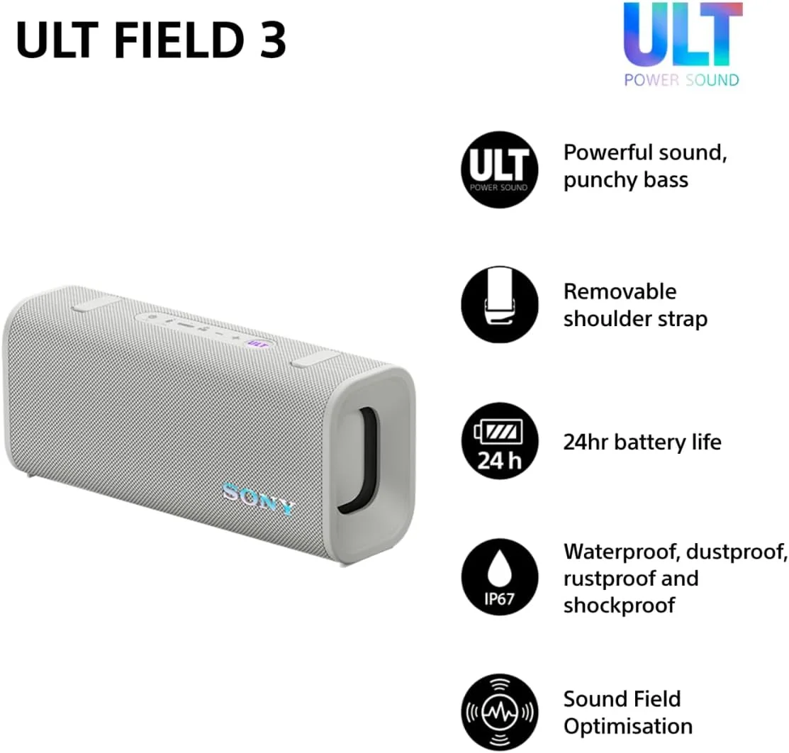 Sony ULT Field 3 Wireless Portable Bluetooth Speaker, IP67 Waterproof, Dustproof, Rustproof, and Shockproof with Enhanced Bass, 24 Hour Battery and Shoulder Strap, Off White Sony ULT Field 3 Wireless Portable Bluetooth Speaker, IP67 Waterproof, Dustproof, Rustproof, and Shockproof with Enhanced Bass, 24 Hour Battery and Shoulder Strap, Off White