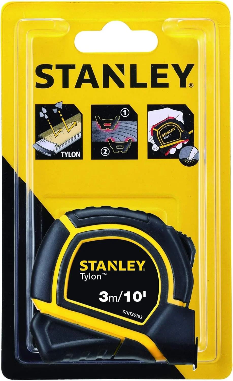 متر نواری کوتاه استنلی تایلون 3 متری/10 فوت در 15 میلی متر، زرد/مشکی - Stht36193