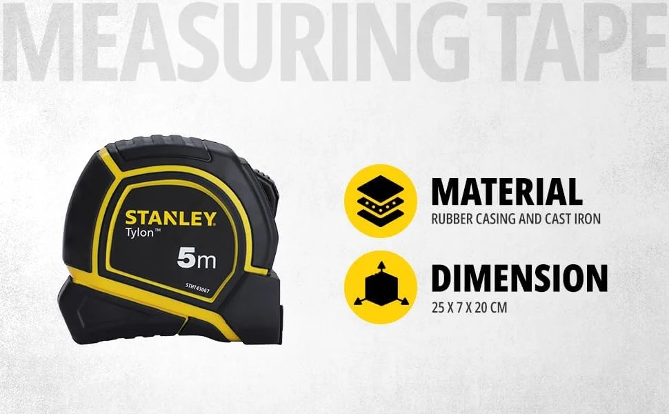 متر 5 متری استنلی مدل STHT43067-12 با روکش لاستیکی مقاوم، برای اندازه گیری دقیق و مطمئن، با خاصیت ضد لغزش، مناسب برای مصارف خانگی، کارهای دستی، صنعتی و حرفه ای، زرد و مشکی