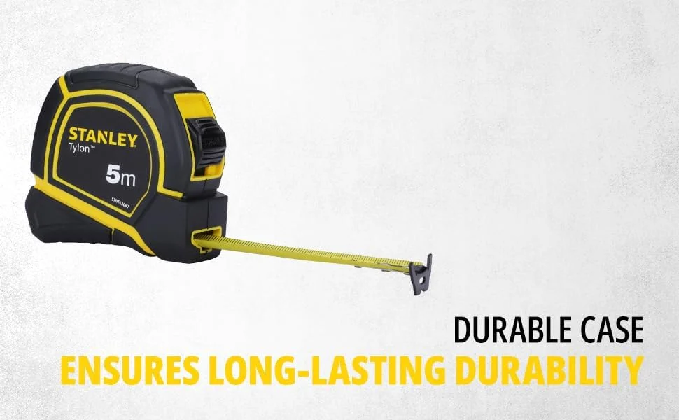 متر 5 متری استنلی مدل STHT43067-12 با روکش لاستیکی مقاوم، برای اندازه گیری دقیق و مطمئن، با خاصیت ضد لغزش، مناسب برای مصارف خانگی، کارهای دستی، صنعتی و حرفه ای، زرد و مشکی