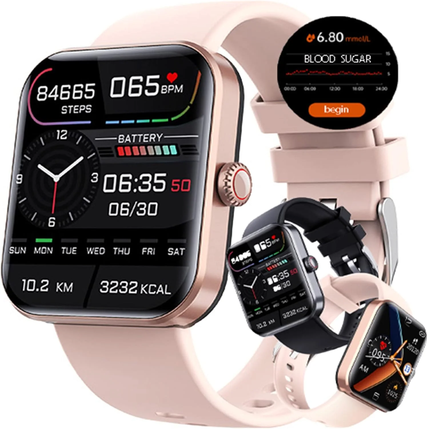 ساعت هوشمند پایش قند خون AZMANI، ردیاب تناسب اندام صفحه لمسی 1.91 اینچی با قابلیت پایش اکسیژن خون، فشار خون، خواب، دمای بدن و قند خون، صورتی، بزرگ ساعت هوشمند پایش قند خون AZMANI، ردیاب تناسب اندام صفحه لمسی 1.91 اینچی با قابلیت پایش اکسیژن خون، فشار خون، خواب، دمای بدن و قند خون، صورتی، بزرگ