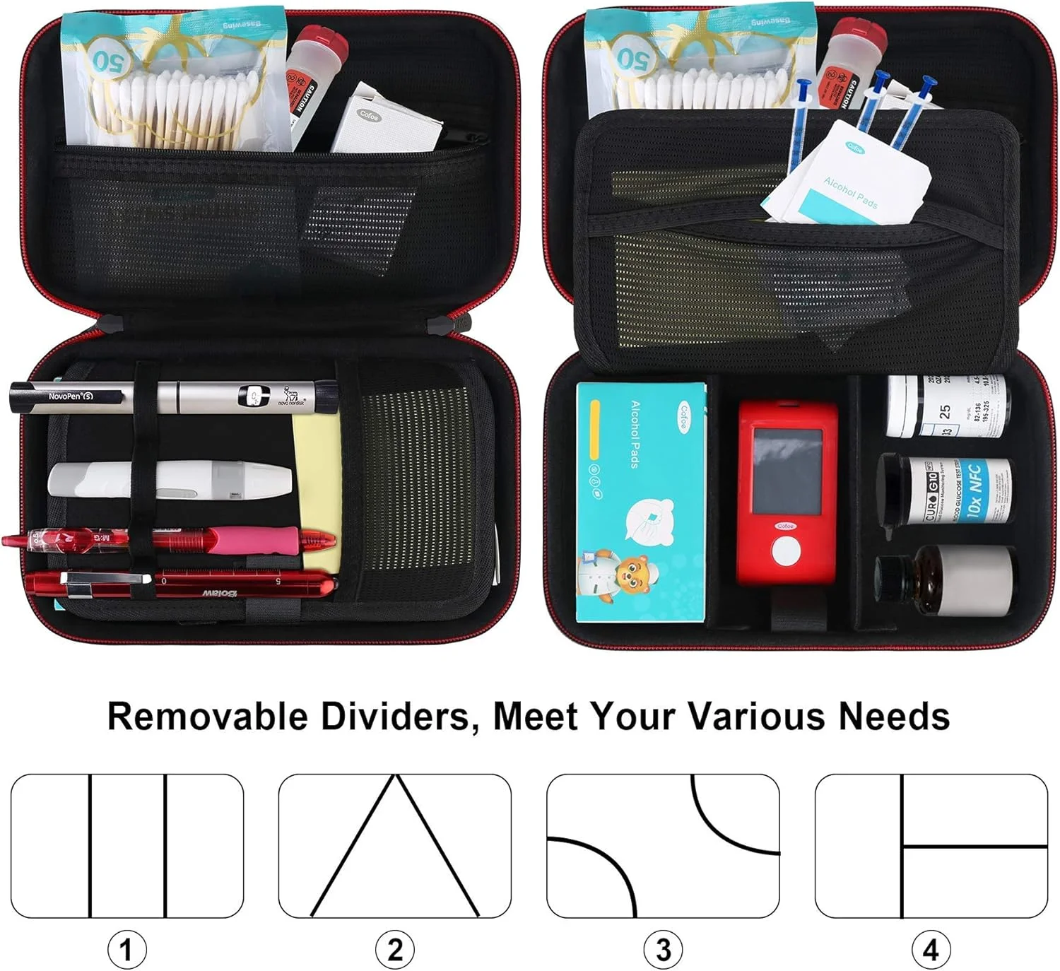 کیف حمل دستگاه تست قند خون BOVKE، کیف لوازم دیابتی برای کیت تست دیابت، کیف مسافرتی لوازم دیابتی برای دستگاه گلوکز، نوار تست قند خون، سوزن، قلم انسولین و دارو، مشکی