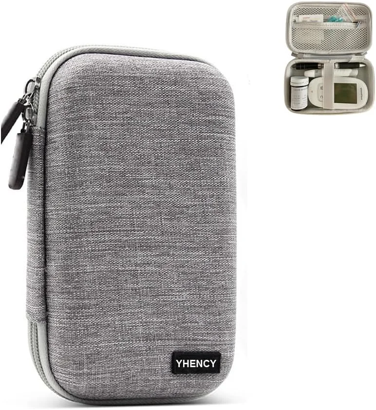 کیف حمل لوازم دیابت با پوسته سخت، سازمان دهنده لوازم تست دیابت، کیت مانیتور قند خون با دستگاه، نوار تست قند خون، سوزن، دستگاه لنست، پد الکلی (خاکستری، کوچک)