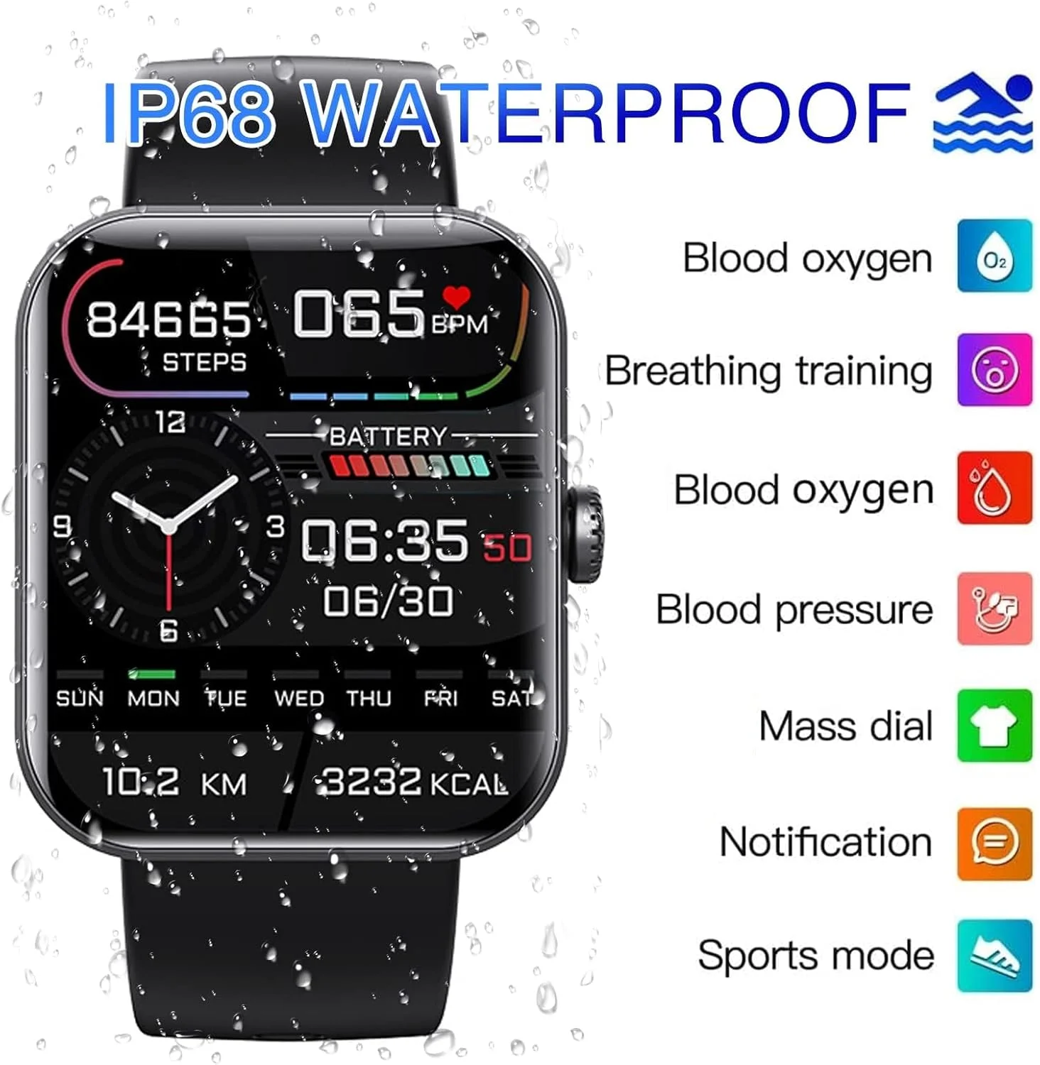 ردیاب فعالیت BORATO، ساعت هوشمند ارتقا یافته F57L با قابلیت پایش قند خون، تست غیرتهاجمی قند خون، ردیابی تناسب اندام با فشار خون، اکسیژن خون - پایشگر ضربان قلب (مشکی)