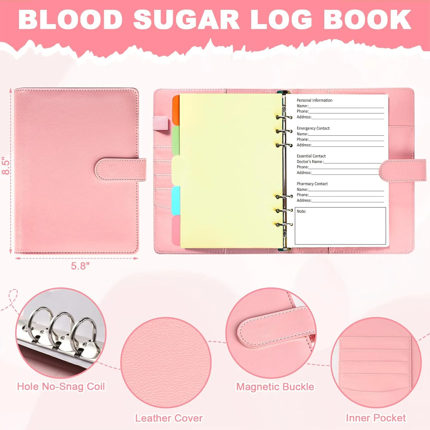 دفتر ثبت قند خون روزانه A5، دفترچه یادداشت گلوکز روزانه، دفتر ثبت قند خون، دفتر ثبت تست قند خون برای دیابت، با برگه های جداکننده (صورتی) دفتر ثبت قند خون روزانه A5، دفترچه یادداشت گلوکز روزانه، دفتر ثبت قند خون، دفتر ثبت تست قند خون برای دیابت، با برگه های جداکننده (صورتی)