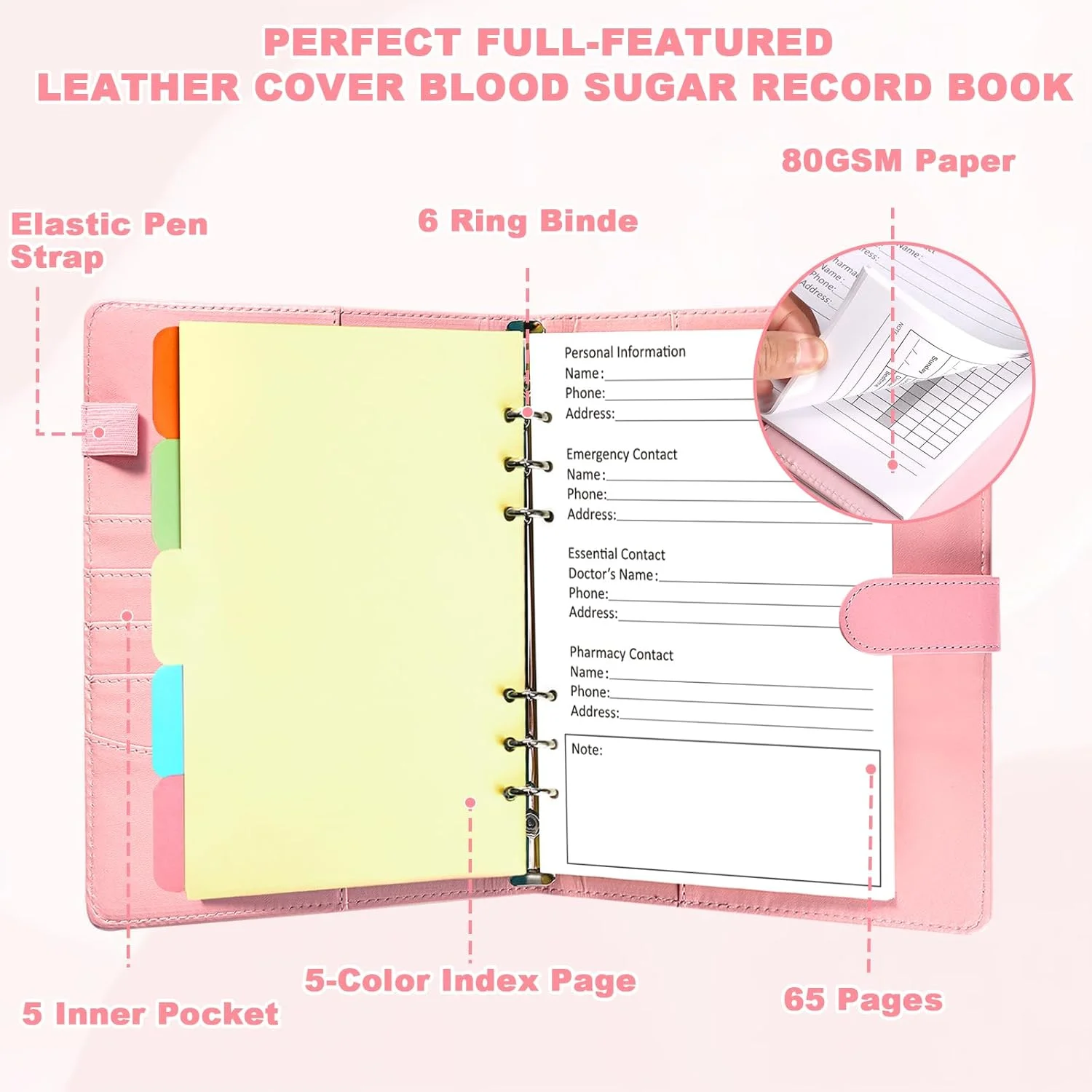 دفتر ثبت قند خون روزانه A5، دفترچه یادداشت گلوکز روزانه، دفتر ثبت قند خون، دفتر ثبت تست قند خون برای دیابت، با برگه های جداکننده (صورتی) دفتر ثبت قند خون روزانه A5، دفترچه یادداشت گلوکز روزانه، دفتر ثبت قند خون، دفتر ثبت تست قند خون برای دیابت، با برگه های جداکننده (صورتی)