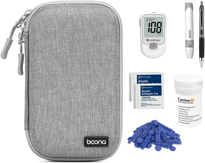کیف حمل لوازم دیابت، کیف سازمان دهنده برای دستگاه تست قند خون، نوار تست قند خون، سوزن، قلم، پد الکلی، کیف کیت تست دیابت (خاکستری، کوچک)