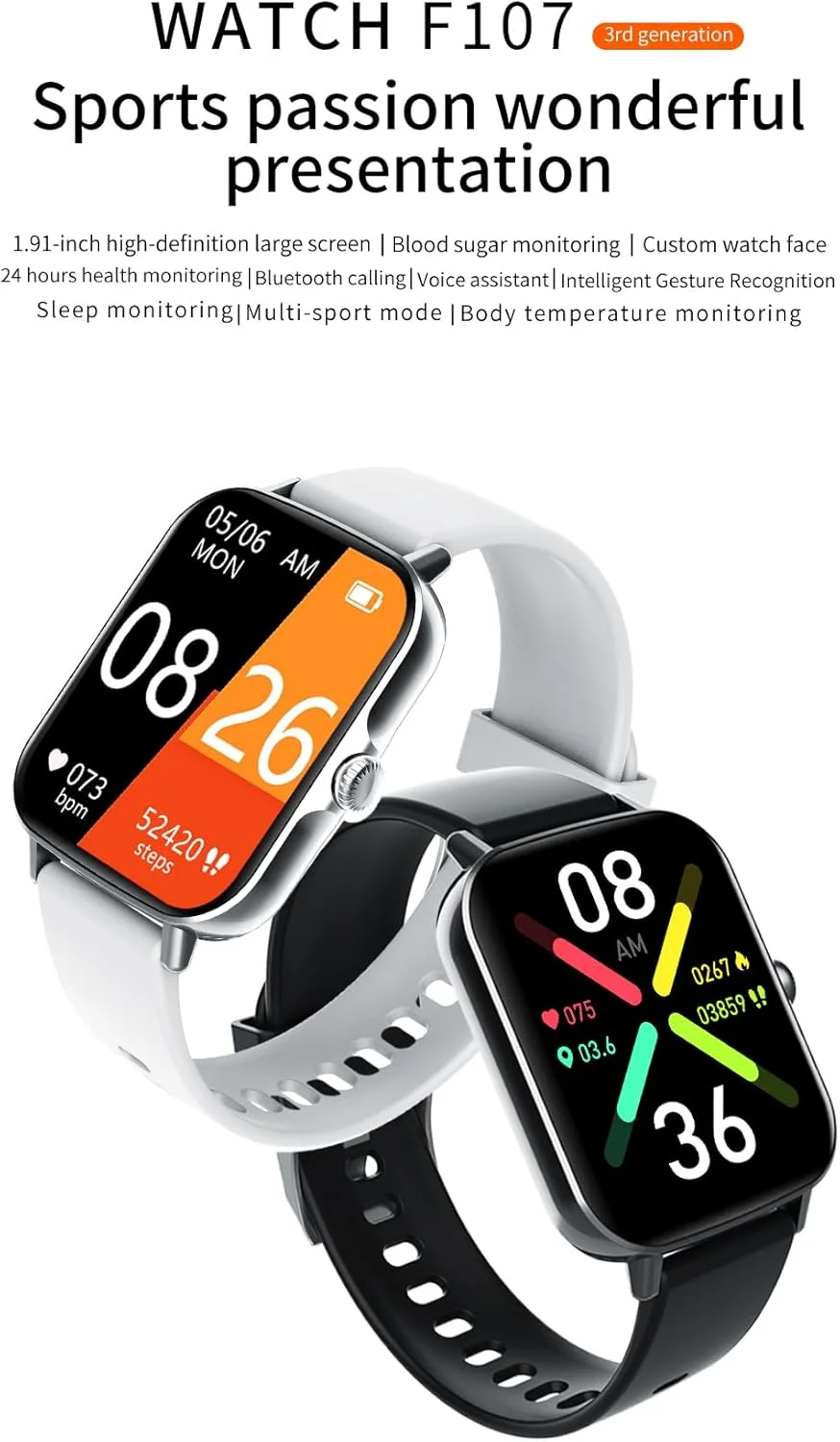 ساعت هوشمند MIUXE با قابلیت سنجش قند خون، ساعت هوشمند گلوکومتر قند خون، ساعت هوشمند دیابتی با قابلیت پایش ضربان قلب/دما، خاکستری