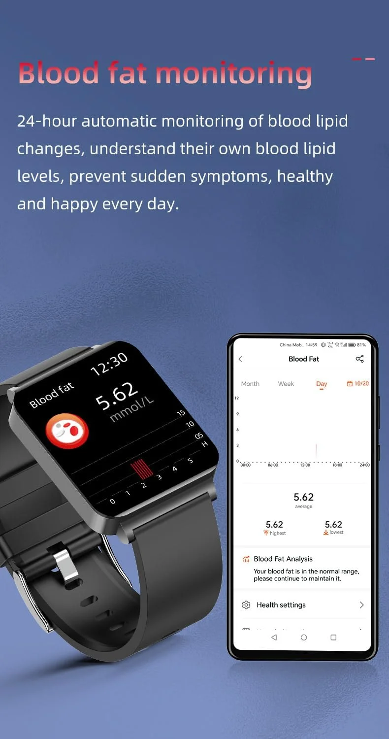 ساعت هوشمند پایش قند خون MIUXE ECG، ردیاب تناسب اندام با قابلیت سنجش چربی خون، اسید اوریک، ECG+PPG، فشار خون غیرتهاجمی، ساعت هوشمند دیابت، مشکی، بزرگ