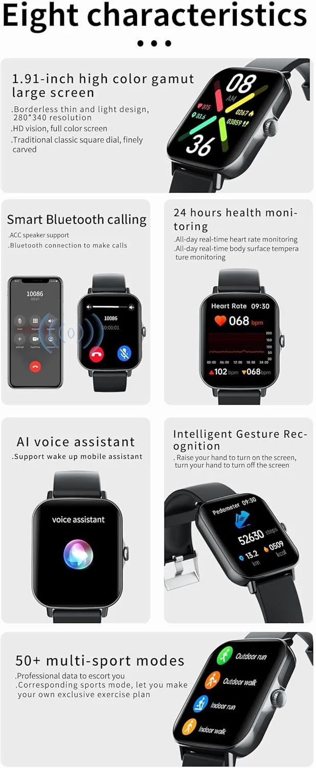 ساعت هوشمند MIUXE با قابلیت سنجش قند خون، ساعت هوشمند گلوکومتر قند خون، ساعت هوشمند دیابتی با قابلیت پایش ضربان قلب/دما، خاکستری