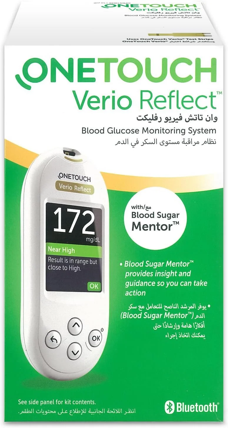 دستگاه تست قند خون OneTouch Verio Reflect | سیستم پایش قند خون شامل دستگاه قند خون، دستگاه لنست و 10 لنست استریل | گلوکومتر با دو زبان عربی و انگلیسی دستگاه تست قند خون OneTouch Verio Reflect | سیستم پایش قند خون شامل دستگاه قند خون، دستگاه لنست و 10 لنست استریل | گلوکومتر با دو زبان عربی و انگلیسی