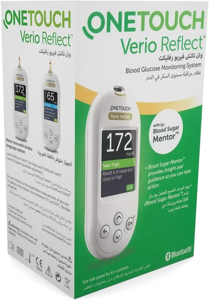 دستگاه تست قند خون OneTouch Verio Reflect | سیستم پایش قند خون شامل دستگاه قند خون، دستگاه لنست و 10 لنست استریل | گلوکومتر با دو زبان عربی و انگلیسی