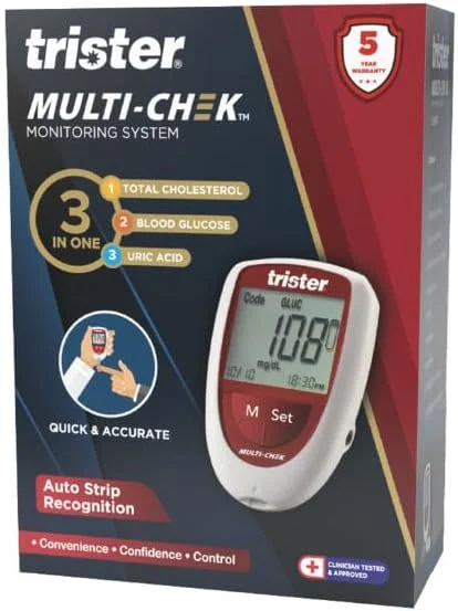 سیستم مانیتورینگ 3 در 1 تریستر مدل TS-391MC - اندازه گیری قند خون، کلسترول و اسید اوریک، تشخیص خودکار نوار تست، صفحه نمایش LCD بزرگ، ذخیره 460 نتیجه