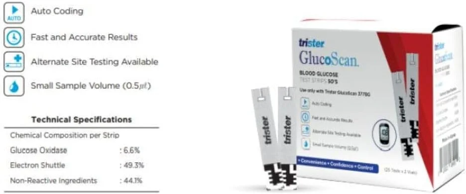 نوارهای تست قند خون تریستر گلوکوزکان 50 عددی مدل TS‑378BGT - دارای کدگذاری خودکار، قابلیت تست از نقاط مختلف بدن، نیاز به نمونه کوچک 0.6 میکرولیتر، سازگار با دستگاه گلوکوزکان تریستر