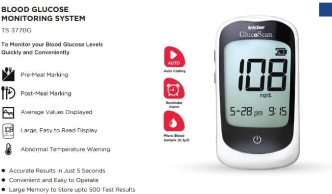 دستگاه تست قند خون تریستر گلوکواسکن مدل TS-377BG - نتیجه در 5 ثانیه، حافظه بزرگ 500 تستی، خاموشی خودکار، شامل دستگاه لنست و سوزن دستگاه تست قند خون تریستر گلوکواسکن مدل TS-377BG - نتیجه در 5 ثانیه، حافظه بزرگ 500 تستی، خاموشی خودکار، شامل دستگاه لنست و سوزن