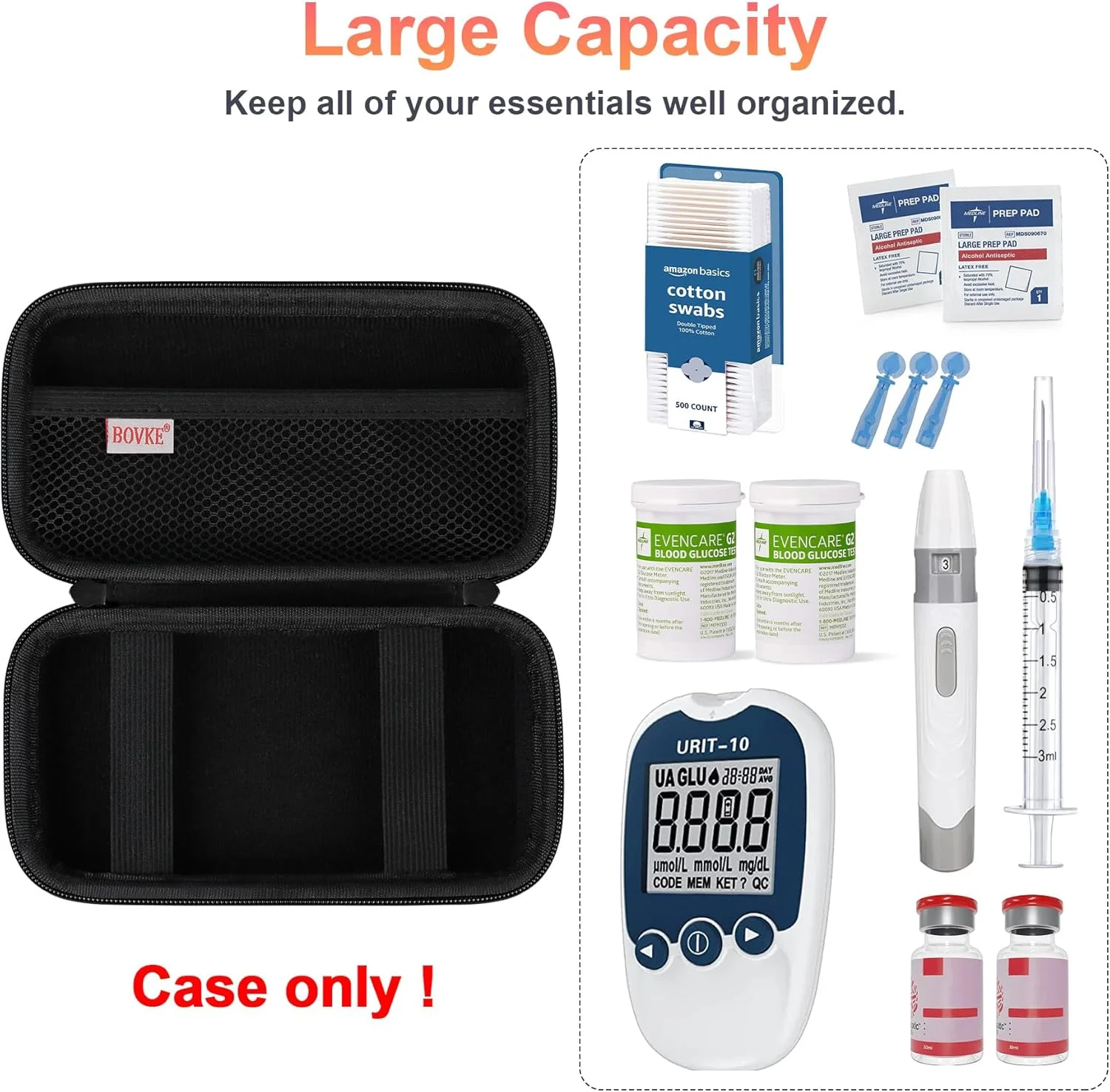 کیف لوازم دیابت BOVKE، کیف مسافرتی دیابت برای کیت تست، دستگاه های اندازه گیری قند خون، نوار تست، دارو، سوزن، سرنگ و سایر لوازم دیابت، مشکی