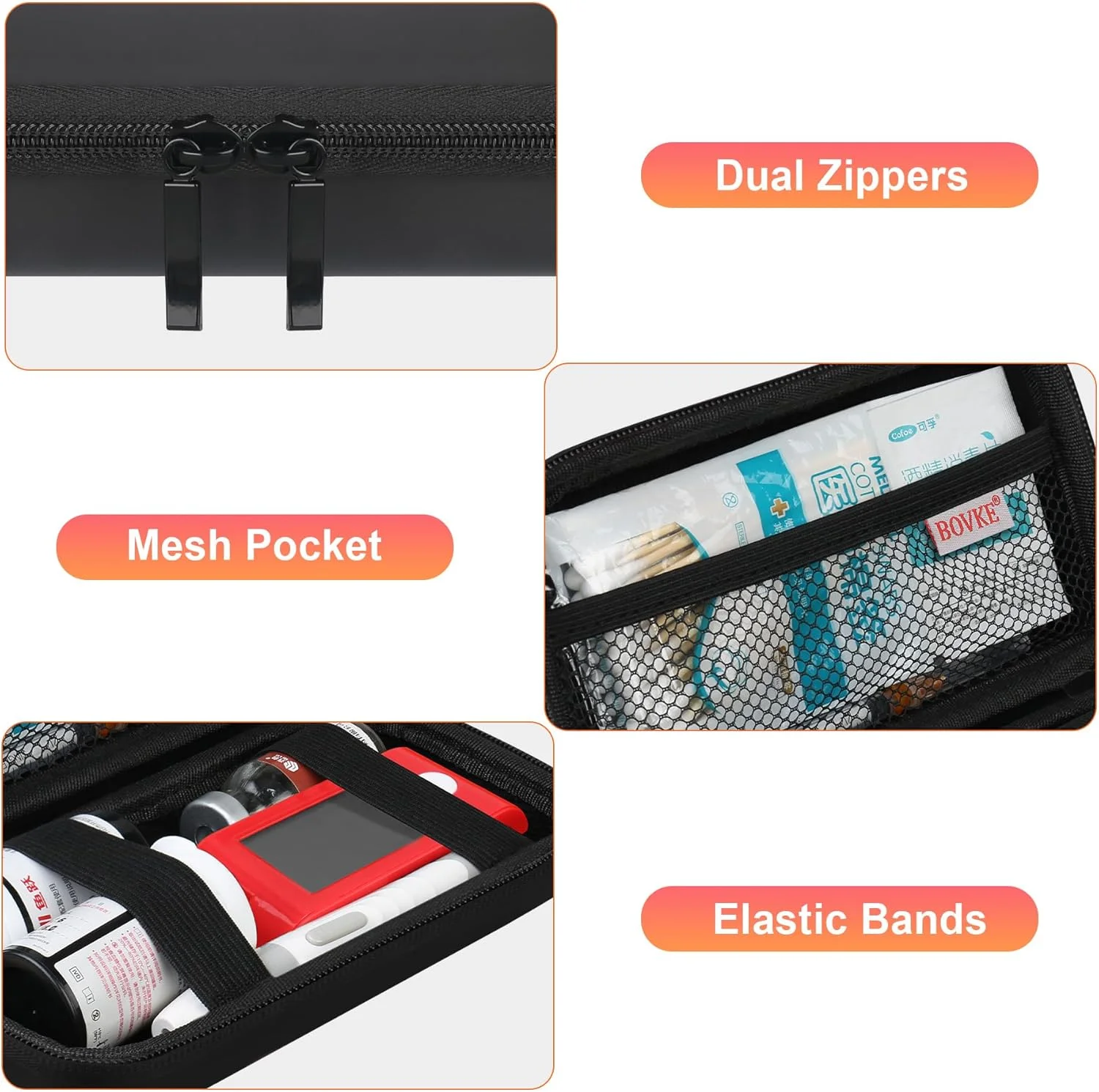 کیف لوازم دیابت BOVKE، کیف مسافرتی دیابت برای کیت تست، دستگاه های اندازه گیری قند خون، نوار تست، دارو، سوزن، سرنگ و سایر لوازم دیابت، مشکی